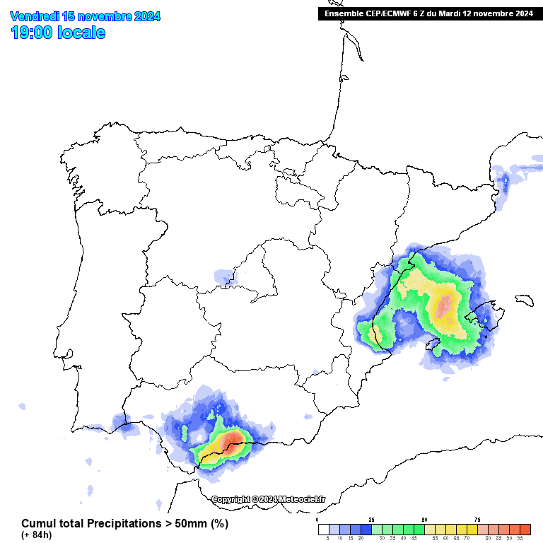 gdvictorm's tweet photo. Probabilidad de superar 50mm antes del viernes 15 según escenarios del modelo europeo y acumulados del modelo suizo (4km de rejilla). 

En puntos de Málaga, Valencia, Castellón y Tarragona  las lluvias pueden ser muy fuertes y persistentes, acumulando localmente más de 100mm. https://t.co/50pREASFET