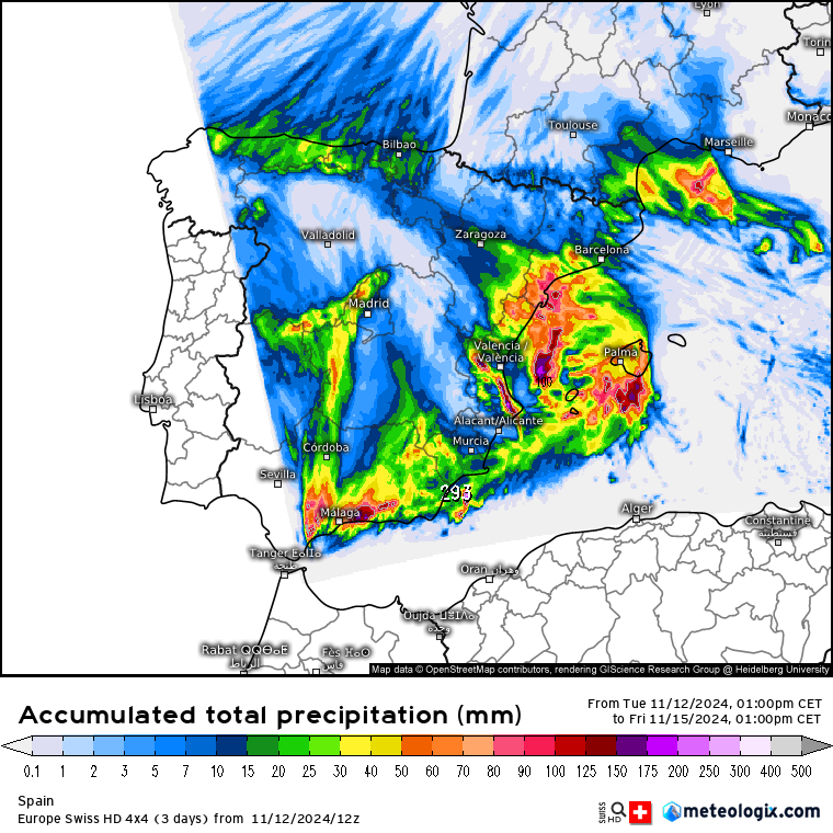 gdvictorm's tweet photo. Probabilidad de superar 50mm antes del viernes 15 según escenarios del modelo europeo y acumulados del modelo suizo (4km de rejilla). 

En puntos de Málaga, Valencia, Castellón y Tarragona  las lluvias pueden ser muy fuertes y persistentes, acumulando localmente más de 100mm. https://t.co/50pREASFET