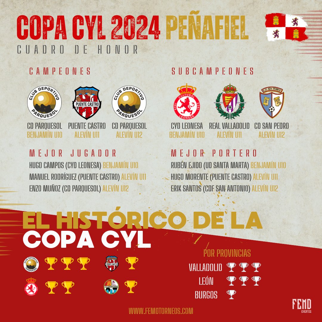 🏆⚽️ Cuadro de Honor de la Copa CyL 2024: Edición Peñafiel

@cdparquesol, por partida doble, y <a href="/PuenteCastroFC/">Puente Castro FC</a> fueron los campeones de las tres categorías que se disputaron.

#Torneo #Peñafiel