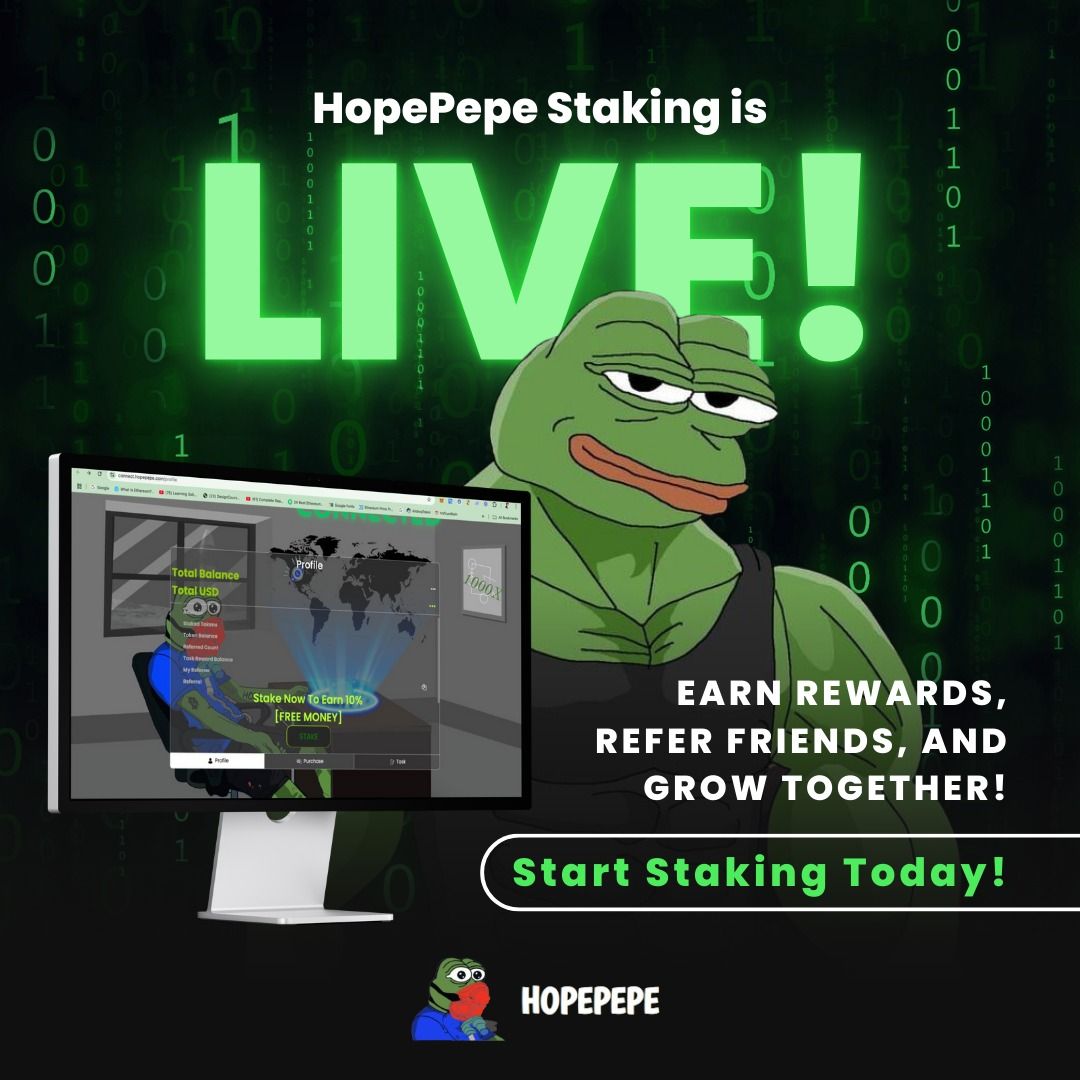 realhopepepe's tweet photo. HopePepe Staking is LIVE!
Stake with #HopePepe to earn exciting rewards, grow earnings by referring friends, and join a thriving community.
#Crypto #Staking #EarnRewards #DeFi #CryptoCommunity #FinancialFreedom #PassiveIncome #10XReturns https://t.co/XsoG1WA1zf