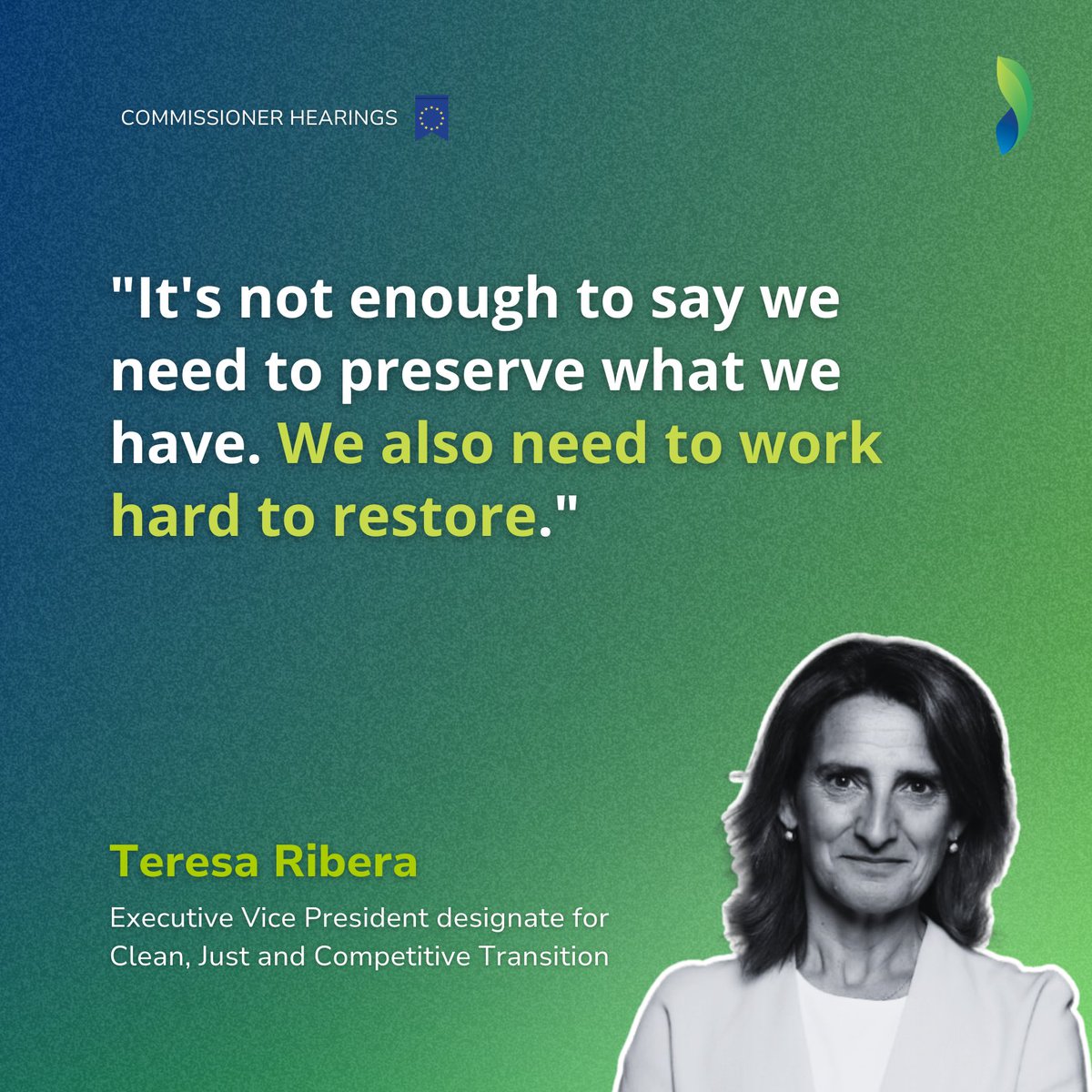 European Environmental Bureau (@green_europe) on Twitter photo Following the hearing of EVP Commissioner-designate <a href="/Teresaribera/">Teresa Ribera</a>, one thing is clear: The EUâs competitiveness is intrinsically linked to sustainability. This isnât just about saving the planetâitâs about securing our economic future.
#CommissionerHearings Following the hearing of EVP Commissioner-designate <a href="/Teresaribera/">Teresa Ribera</a>, one thing is clear: The EUâs competitiveness is intrinsically linked to sustainability. This isnât just about saving the planetâitâs about securing our economic future.
#CommissionerHearings