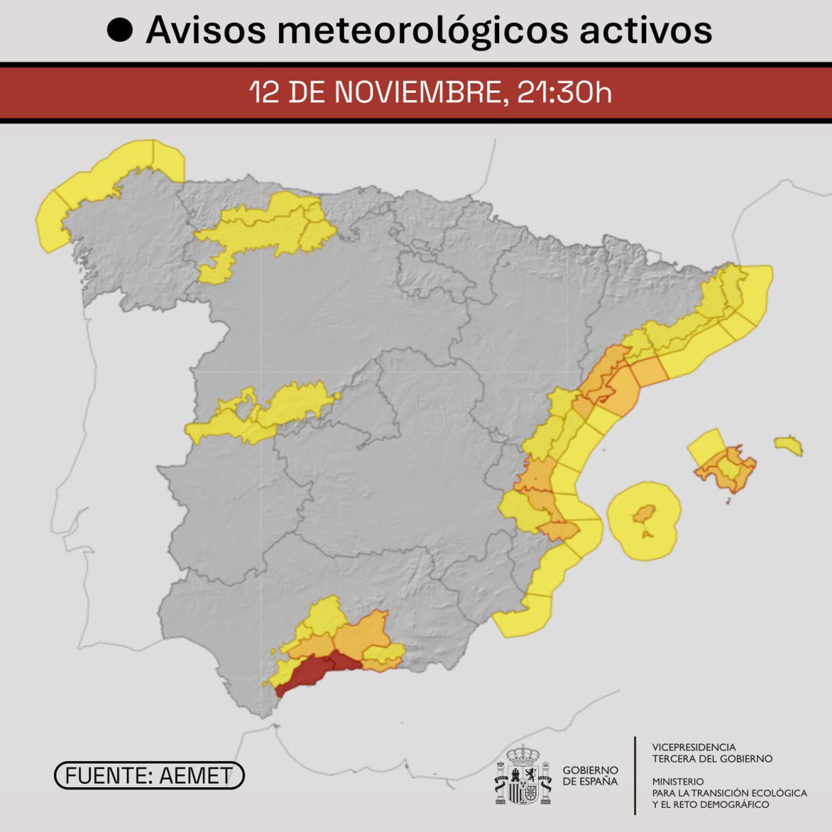 🔴 AVISO ESPECIAL POR LLUVIAS INTENSAS
→ Actualización 21:30h

<a href="/AEMET_Esp/">AEMET</a> ALERTA MÁXIMA EN MÁLAGA. Más avisos en el resto del país

⚠️ Desalojos en ribera de ríos y suspensión de clases en Málaga por <a href="/E112Andalucia/">EMA 112</a>

+info aemet.es/es/eltiempo/pr…