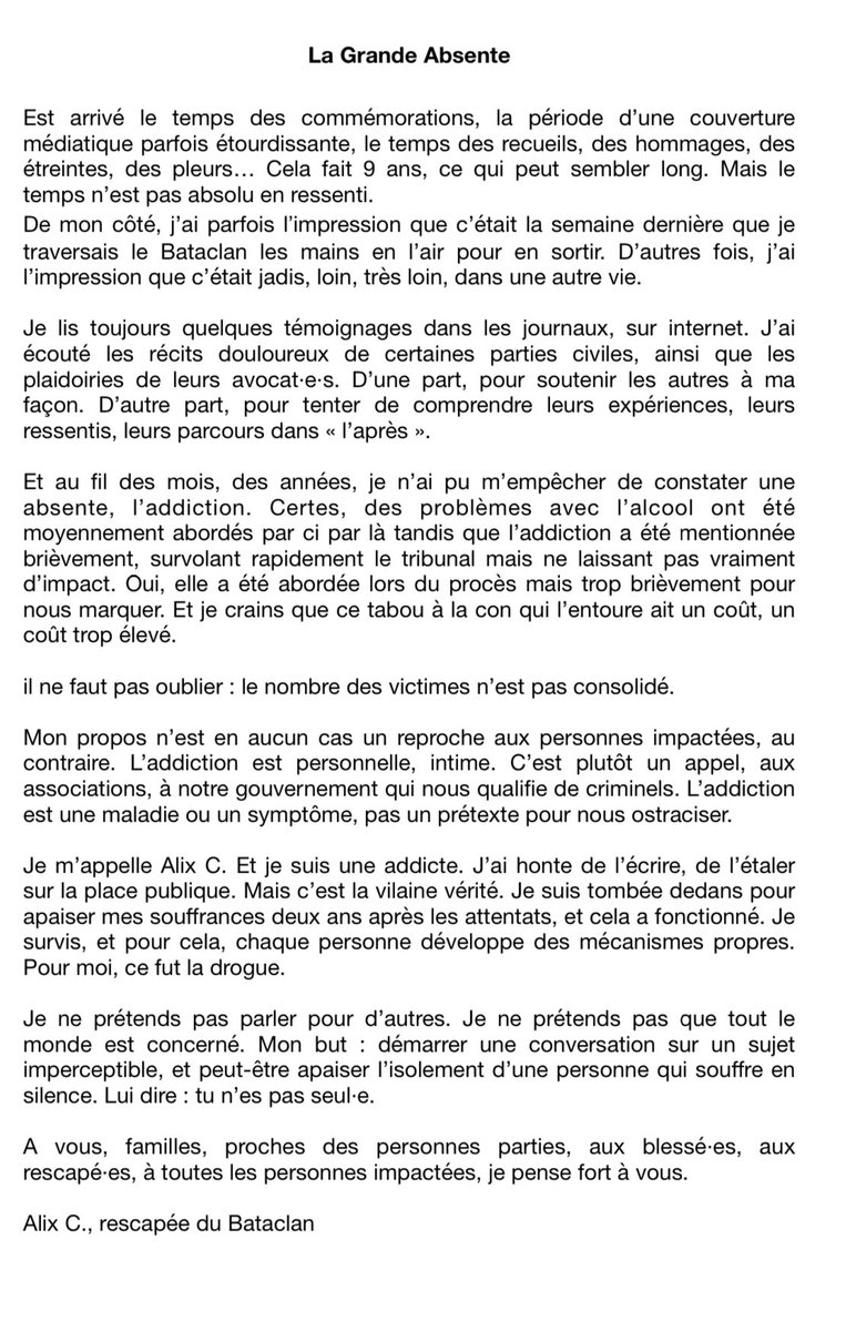 ALexcical's tweet image. La Grande Absente : un texte quelque peu maladroit pour tenter de lever un dangereux tabou (notamment liés aux stress post traumatiques des attentats)