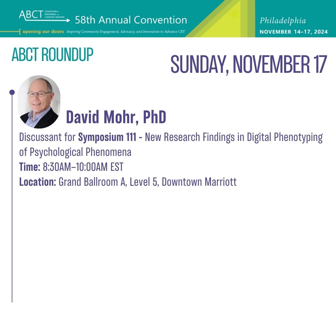 Check out Center for Behavioral Intervention Technologies (CBITs) faculty, staff, and trainees who are taking the stage at the #ABCT2024 Association for Behavioral and Cognitive Therapies Convention this week!

👀 Take a look at this incredible lineup of symposiums below: