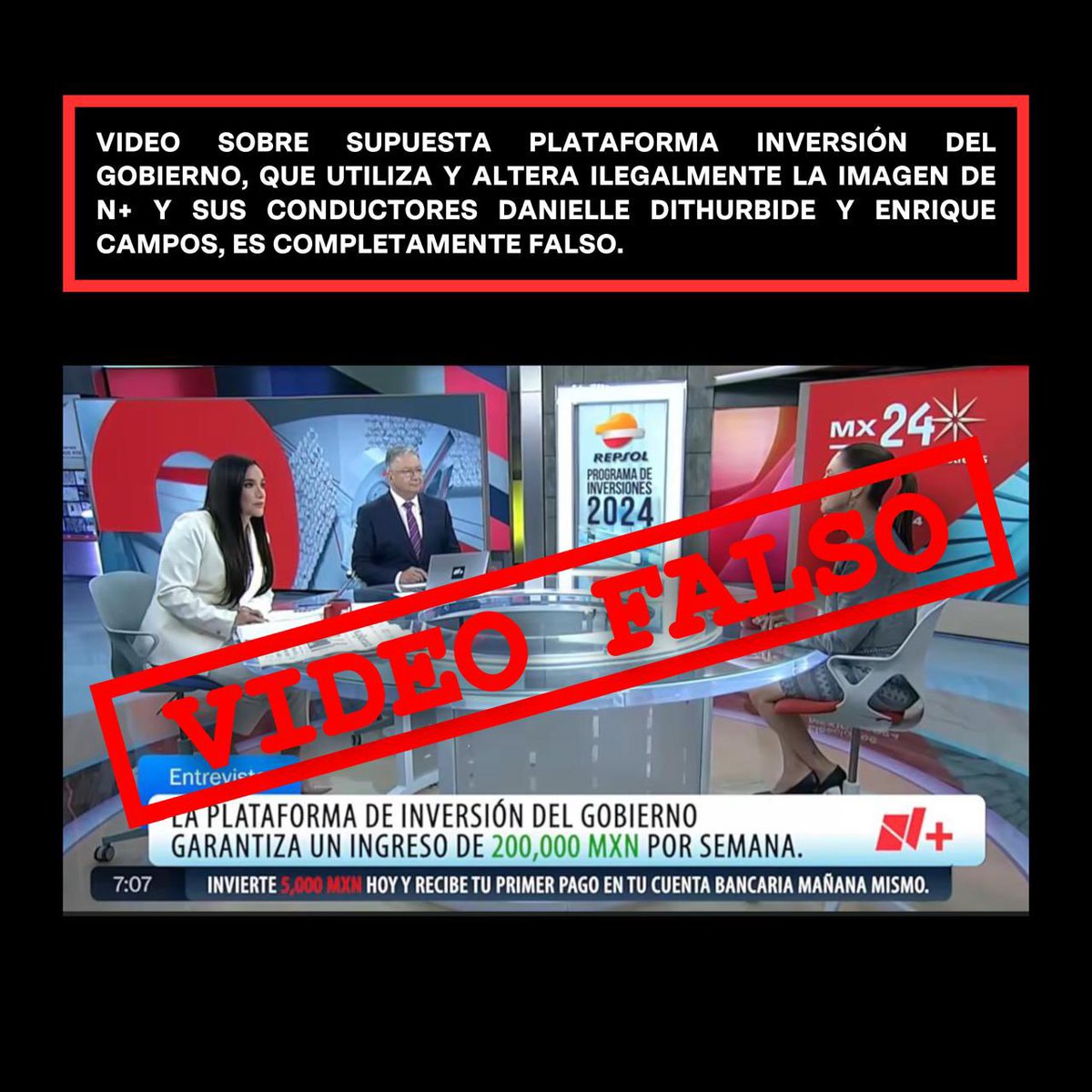 PrensaNMas's tweet photo. Video sobre supuesta plataforma inversión del gobierno, que utiliza y altera ilegalmente la imagen de N+ y sus conductores Danielle Dithurbide y Enrique Campos, es completamente falso. #FakeNews #VideoFalso https://t.co/ezm0adb2fV