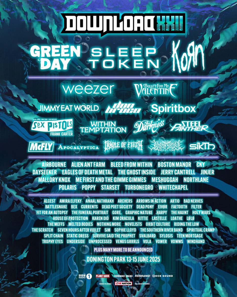 The <a href="/DownloadFest/">Download Festival</a> 2025 announcement is HERE 🤘

Three new headliners in <a href="/GreenDay/">Green Day</a> <a href="/Sleep_Token/">Sleep Token</a> and <a href="/Korn/">Korn</a> as well as a ton more!

Are you happy with the announcement? #downloadfest #DL2025