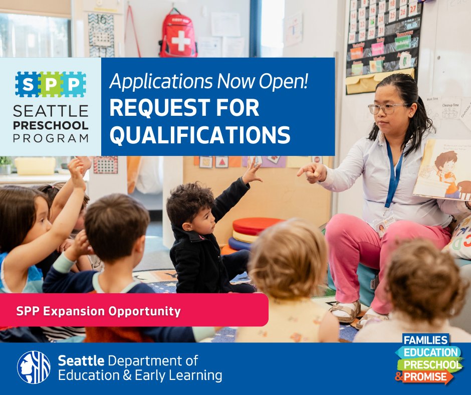 SeattleDEEL's tweet photo. Reminder @SeattleDEEL is accepting applications from qualified early learning providers to join the #SeattlePreschoolProgram or expand existing #SPP classrooms at their site for the 2025-26 school year.
Deadline to apply to this opportunity is Dec. 18! https://t.co/WO3d0JQMI7 https://t.co/Q8wOVncMbX