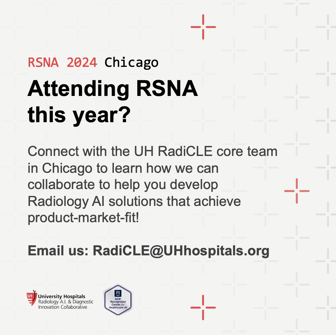 UH RadiCLE -Radiology AI and Diagnostic Innovation (@uh_radicle) on Twitter photo Are you developing a new Radiology AI solution? Are you attending Radiological Society of North America (RSNA) 2024 in Chicago?
If you answered, "yes" to these questions, #like and #share this post and send us an email! Let's connect!
<a href="/UHRadiology/">UH Radiology Cleveland</a> <a href="/UH_RE_Institute/">UH Research & Education Institute</a> <a href="/lkayat/">Leonardo Kayat Bit..</a> Are you developing a new Radiology AI solution? Are you attending Radiological Society of North America (RSNA) 2024 in Chicago?
If you answered, "yes" to these questions, #like and #share this post and send us an email! Let's connect!
<a href="/UHRadiology/">UH Radiology Cleveland</a> <a href="/UH_RE_Institute/">UH Research & Education Institute</a> <a href="/lkayat/">Leonardo Kayat Bit..</a>