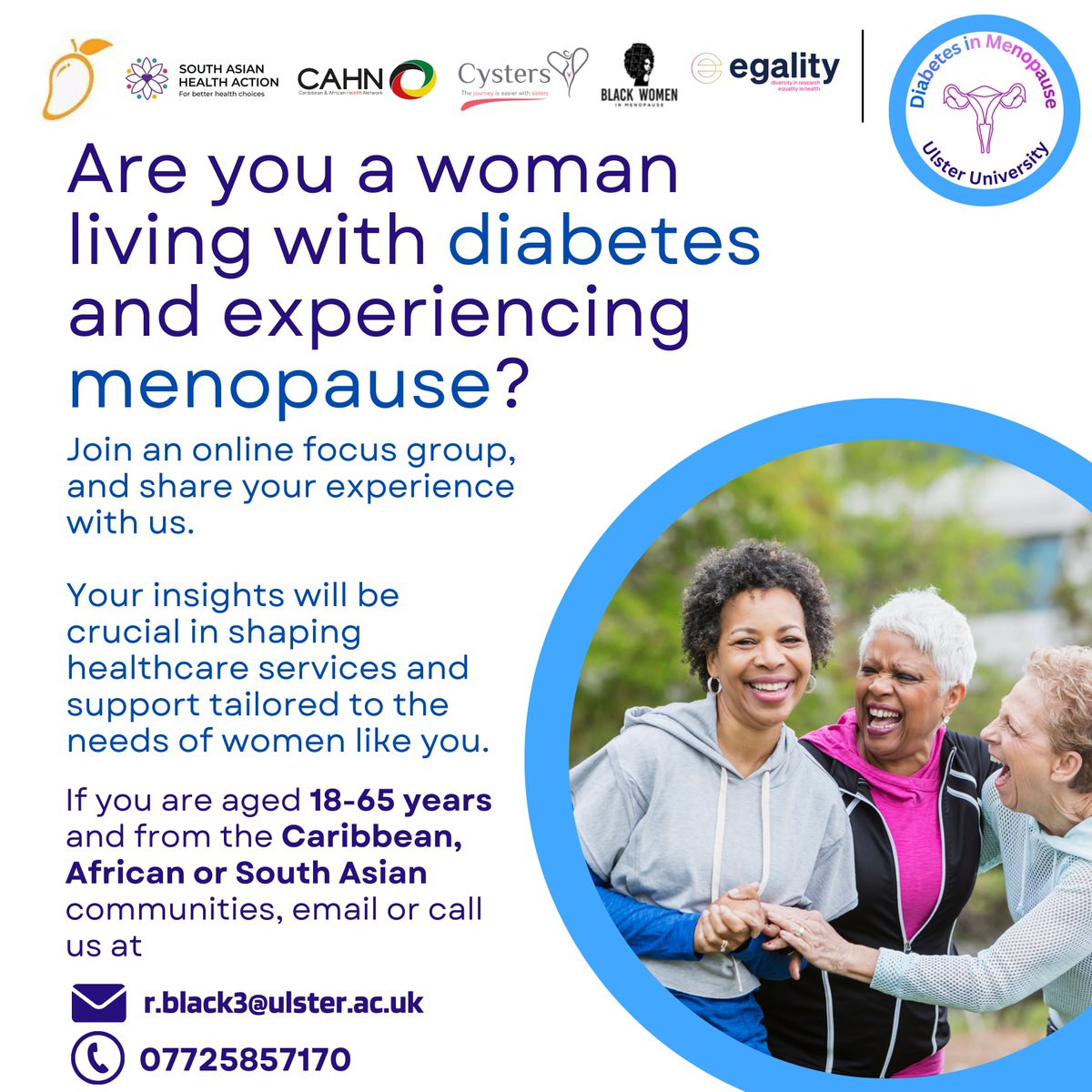 SAHA UK (@sahealthaction) on Twitter photo 📷 Are you a woman in your 40s to 60s living with diabetes? Curious about how #Menopause affects your diabetes? Join our online focus group and help shape the future of support.
📷Email r.black3@ulster.ac.uk
#EgalityHealth #SAHACommunity 📷 Are you a woman in your 40s to 60s living with diabetes? Curious about how #Menopause affects your diabetes? Join our online focus group and help shape the future of support.
📷Email r.black3@ulster.ac.uk
#EgalityHealth #SAHACommunity