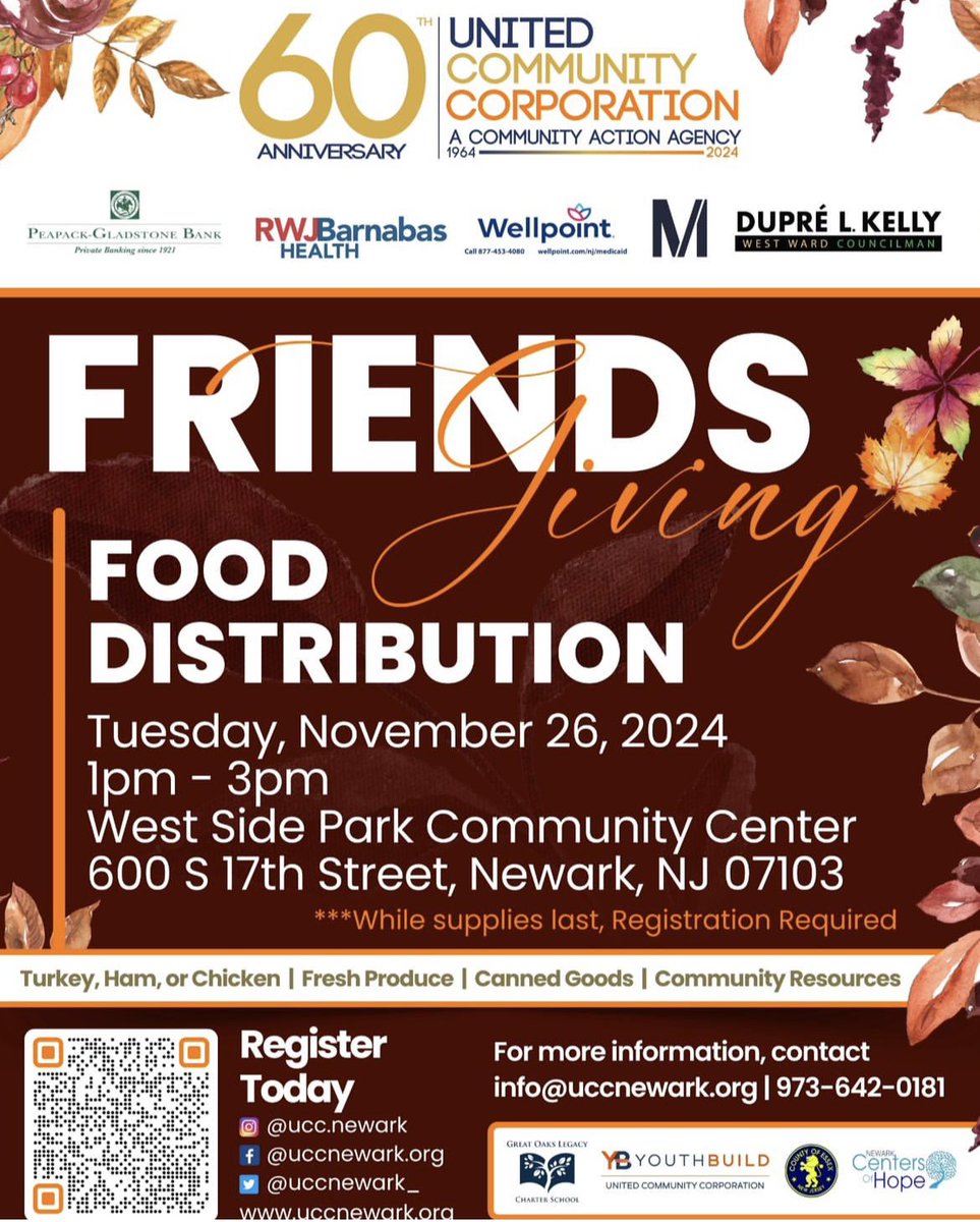 Join UCC in partnership with <a href="/wellpoint/">Wellpoint</a> Peapack &amp; Gladstone, <a href="/RWJBarnabas/">RWJBarnabas</a> Munich Airport NJ LLC and West Ward Councilman, Dupré L. Kelly for this year's Friendsgiving Food Distribution as we come together to support our community!