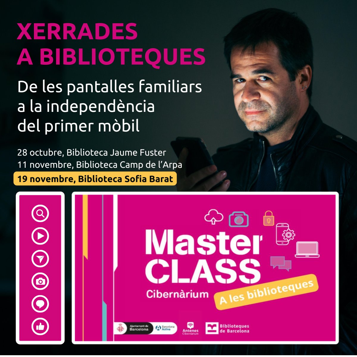 3️⃣a i última xerrada a <a href="/BibliotequesBCN/">BibliotequesBCN</a>:

📍Biblioteca Sofia Barat
🗓️Dimarts 19 novembre, 18 h

📝Més informació i inscripció 
cibernarium.barcelonactiva.cat/ficha-activida…

🚶Si vols que vingui al teu centre ticactiva.cat/serveis