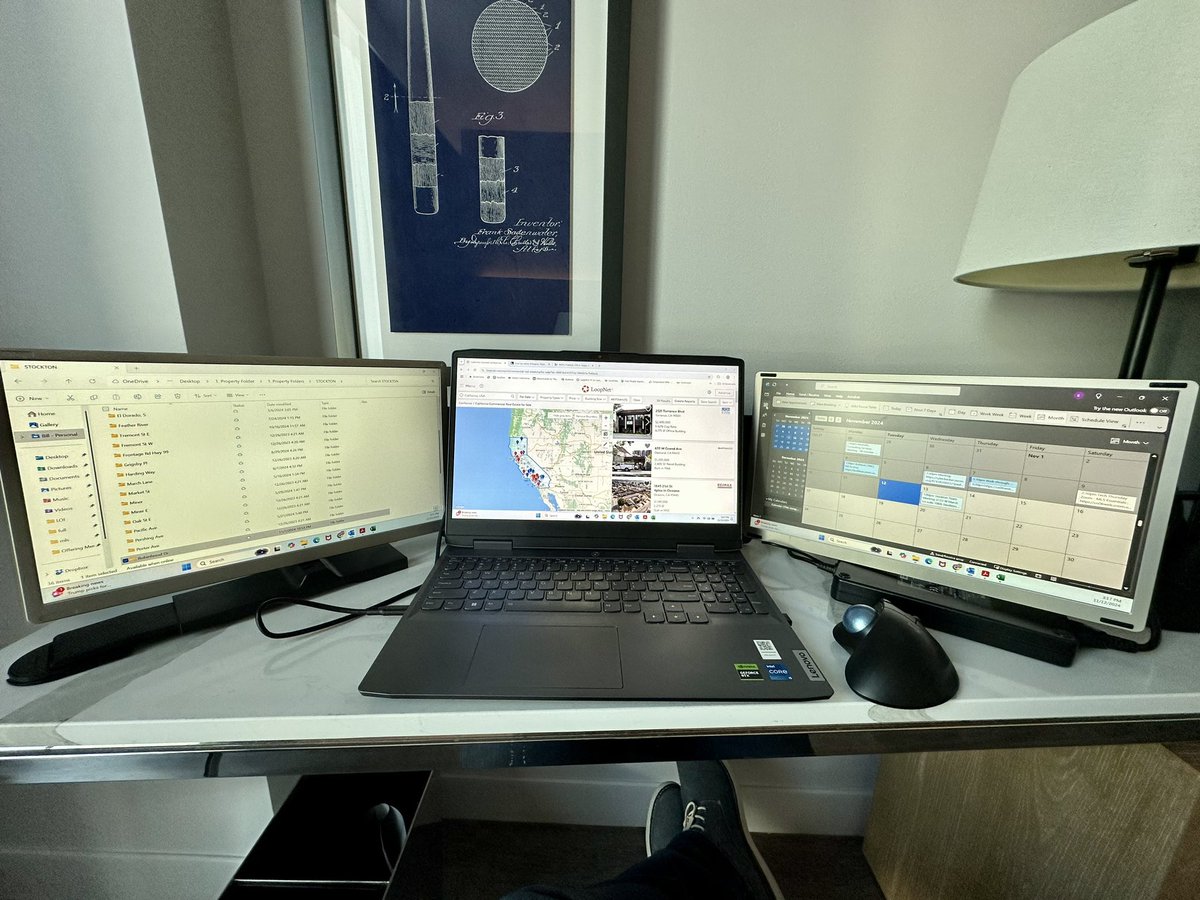 Billj81's tweet image. Anyone else take multiple screens on the road. Here is my hotel office setup.