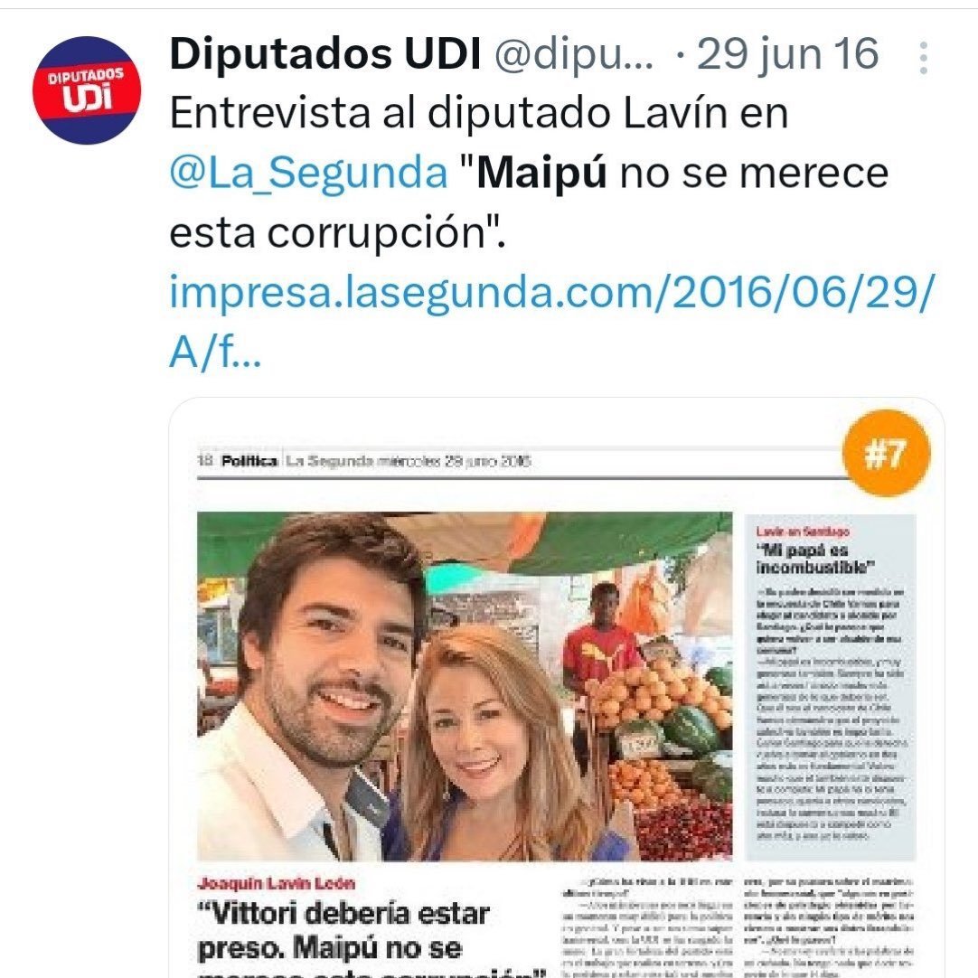 Cuenta oficial de la UDI, año 2016:

"Maipú no se merece esta corrupción"