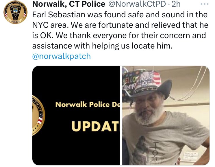 NYPD 72nd Precinct (@nypd72pct) on Twitter photo Earlier today <a href="/NorwalkCtPD/">Norwalk, CT Police</a> sent out a Silver Alert about Mr. Earl Sebastian who was reported missing. Police Officer Proscia & Bajraktarevic from the 72 Precinct were patrolling the vicinity of sector Adam and were able to locate Mr. Earl. Outstanding work! Earlier today <a href="/NorwalkCtPD/">Norwalk, CT Police</a> sent out a Silver Alert about Mr. Earl Sebastian who was reported missing. Police Officer Proscia & Bajraktarevic from the 72 Precinct were patrolling the vicinity of sector Adam and were able to locate Mr. Earl. Outstanding work!