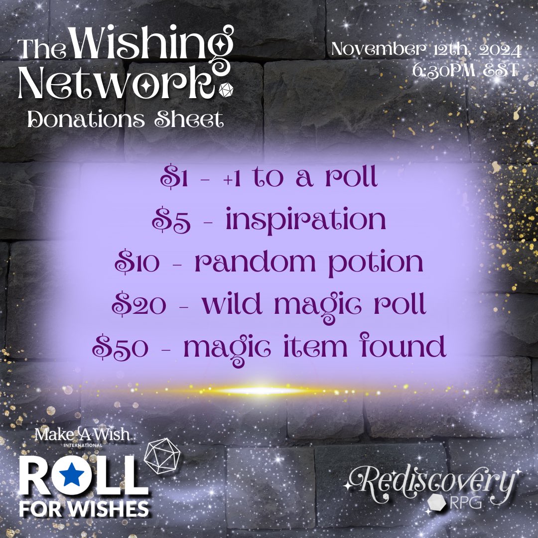 RediscoveryRPG's tweet photo. Just a couple hours until we go live with The Wishing Network! We are raising money for Make-A-Wish with @MoxxieBlue, @ByAnyOtherName_, @worlds4all, @nat20wife and Deejay in a D&amp;D one-shot at 6:30PM EST over at https://t.co/HylO0TSOzK https://t.co/eNwbG2vuEU