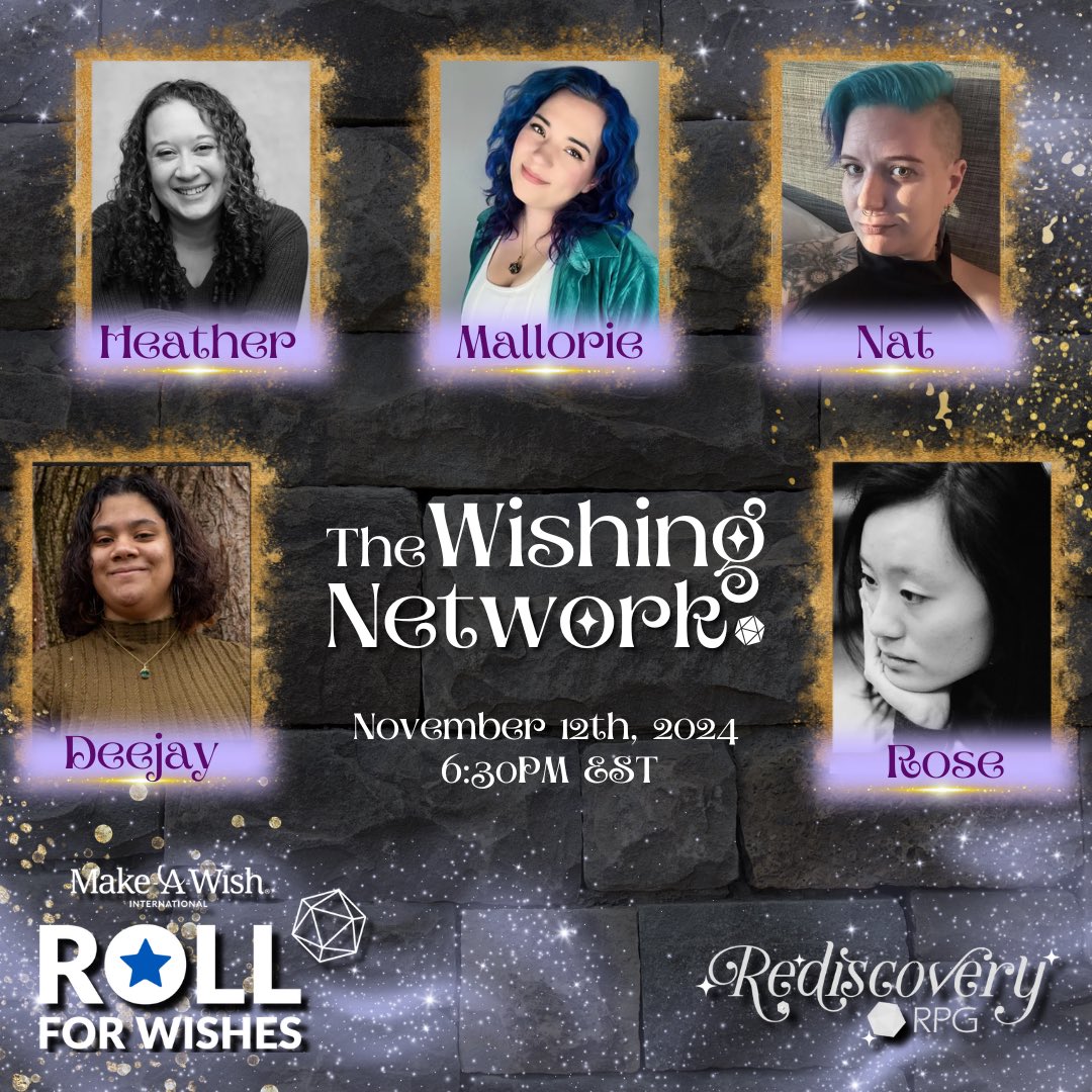 RediscoveryRPG's tweet photo. Just a couple hours until we go live with The Wishing Network! We are raising money for Make-A-Wish with @MoxxieBlue, @ByAnyOtherName_, @worlds4all, @nat20wife and Deejay in a D&amp;D one-shot at 6:30PM EST over at https://t.co/HylO0TSOzK https://t.co/eNwbG2vuEU
