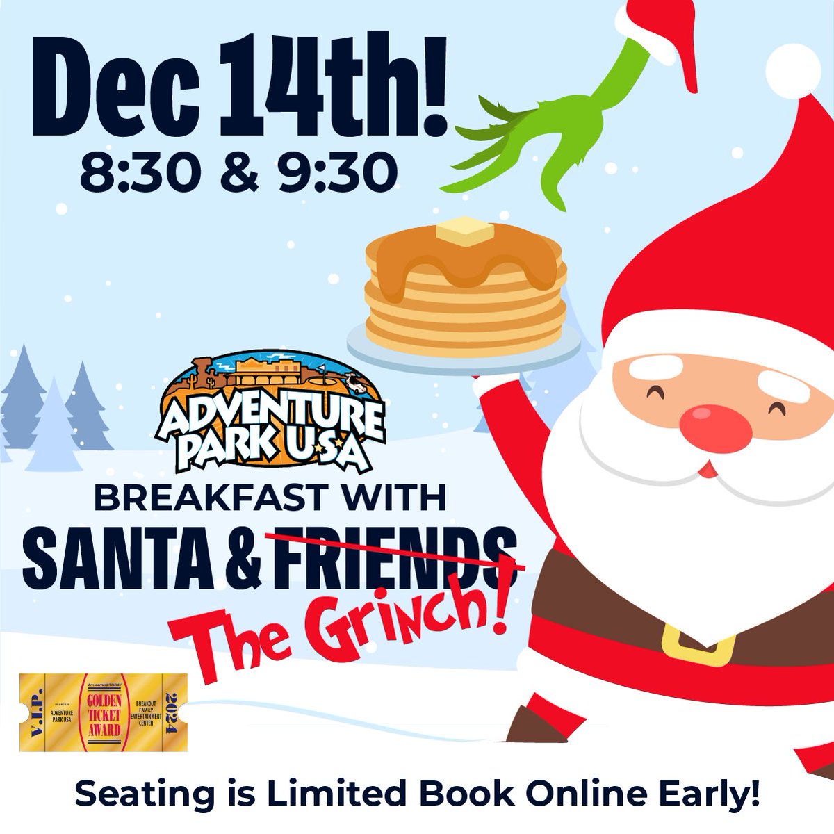 🎅🎄 Start your holiday season with Breakfast with Santa and the Grinch at Adventure Park USA on Saturday, December 14! 🎁 Choose from seatings at 8:30 AM or 9:30 AM and enjoy a delicious buffet breakfast, photo ops with Santa and the Grinch, and so much more! Book Now
