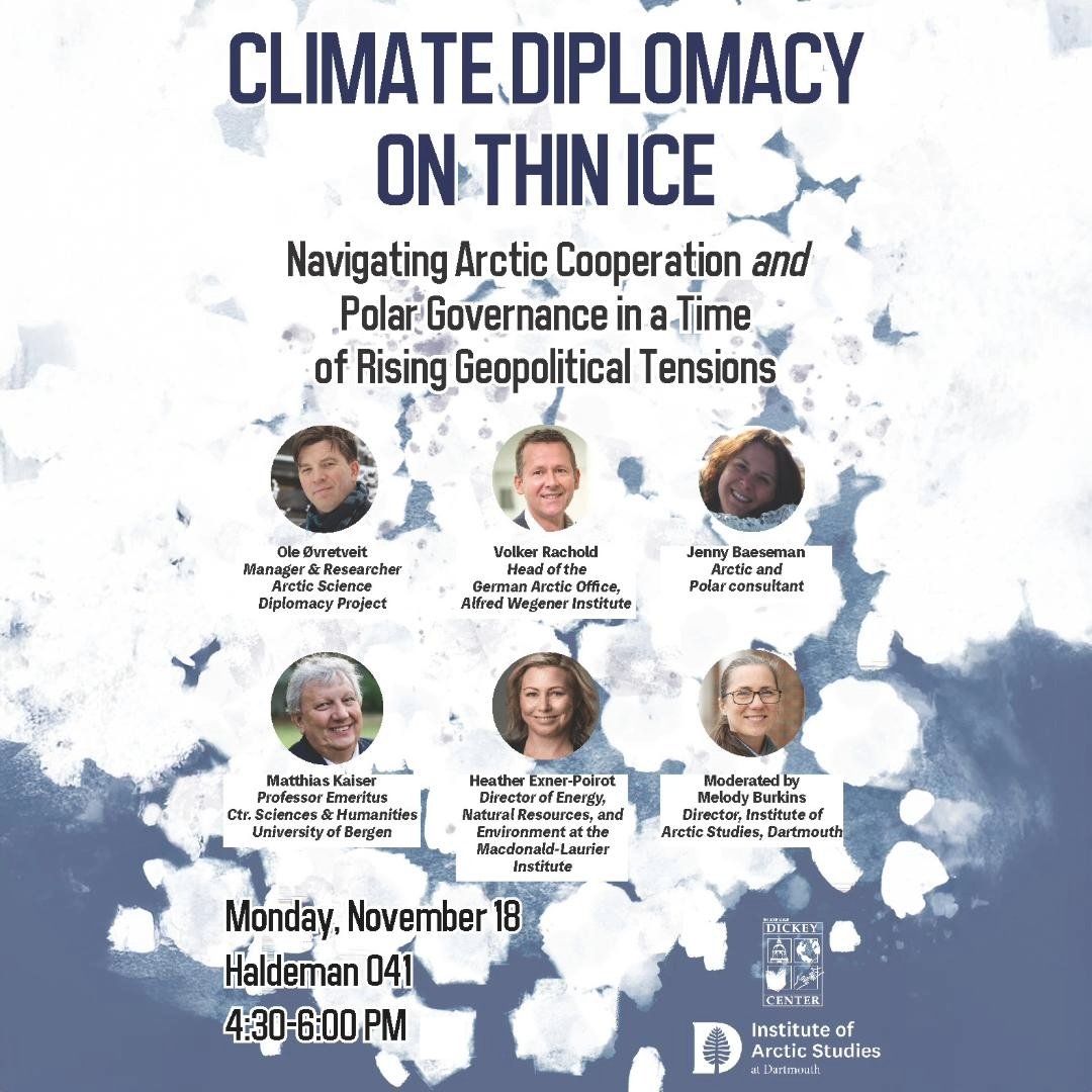 Climate Diplomacy on Thin Ice: Navigating Arctic Cooperation &amp; Polar Governance. Our panelists will explore informed scenarios that may help guide Arctic diplomacy and cooperation in the coming decade. Monday, November 18, 4:30PM EST.zurl.co/qSuc 

#dartmouth
#arctic