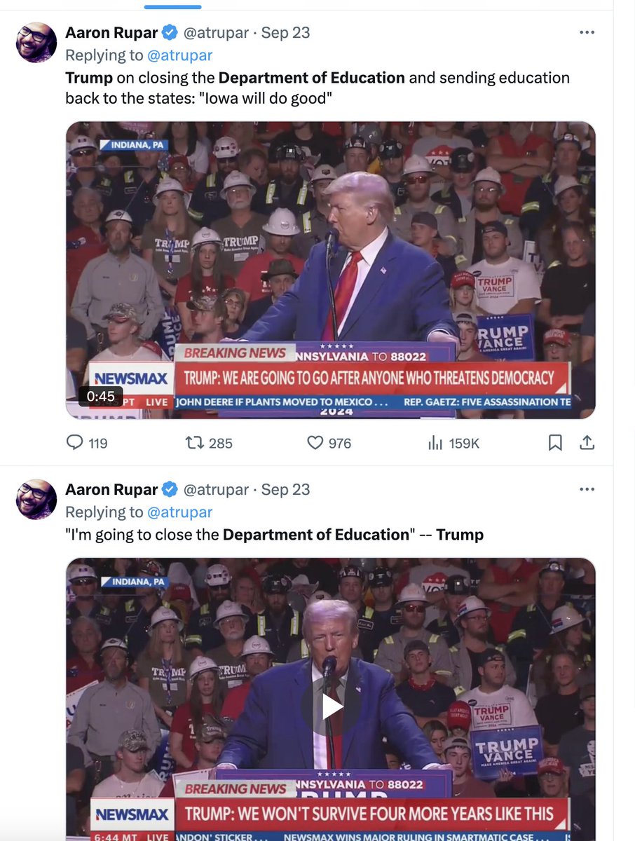 atrupar's tweet image. Trump talked about closing the Department of Education during just about every campaign speech he made. He was extremely explicit about it -- no coded language. Maybe people didn&apos;t understand what they were doing, but they voted for this.