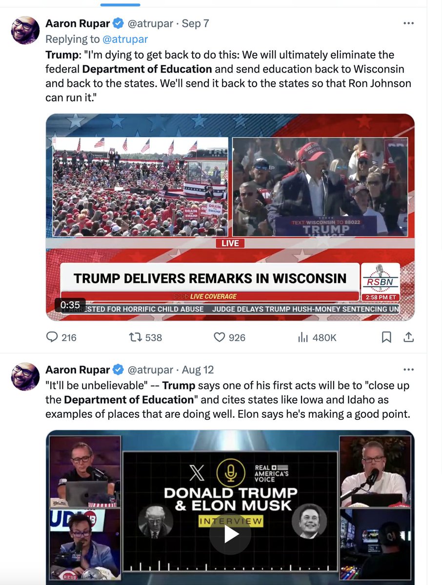 atrupar's tweet image. Trump talked about closing the Department of Education during just about every campaign speech he made. He was extremely explicit about it -- no coded language. Maybe people didn&apos;t understand what they were doing, but they voted for this.