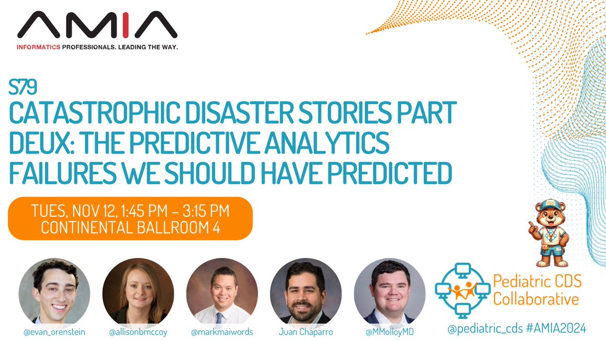 Pediatric Clinical Decision Support Collaborative (@pediatric_cds) on Twitter photo We’re back at 1:45 PM in Continental Ballroom 4 for "Catastrophic Disaster Stories Part Deux"! Hear about predictive #CDS failures, governance, and essential lessons for success. #AMIA2024 <a href="/evan_orenstein/">Evan Orenstein</a> <a href="/allisonbmccoy/">Allison B. McCoy, PhD, ACHIP, FACMI, FAMIA</a> @markmaiwords <a href="/MMolloyMD/">Matt Molloy, MD, MPH</a> <a href="/naveenmuthu/">Naveen Muthu</a> We’re back at 1:45 PM in Continental Ballroom 4 for "Catastrophic Disaster Stories Part Deux"! Hear about predictive #CDS failures, governance, and essential lessons for success. #AMIA2024 <a href="/evan_orenstein/">Evan Orenstein</a> <a href="/allisonbmccoy/">Allison B. McCoy, PhD, ACHIP, FACMI, FAMIA</a> @markmaiwords <a href="/MMolloyMD/">Matt Molloy, MD, MPH</a> <a href="/naveenmuthu/">Naveen Muthu</a>