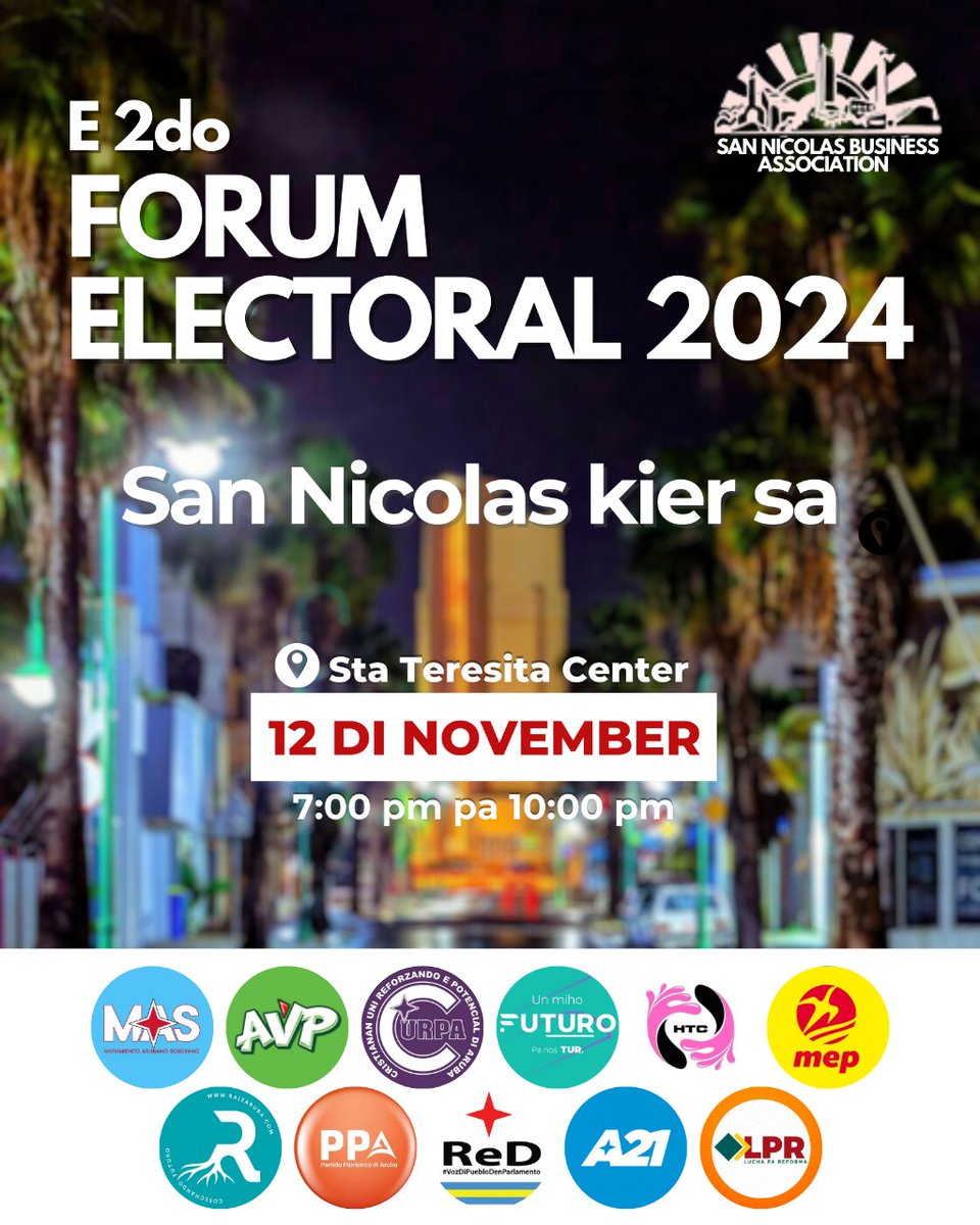 Sintonisa awe nochi pa 7 PM via Telearuba pa e 2do Forum Electoral 2024 organisa pa San Nicolas Business Association! Ami hunto cu candidato #4, Gerald Vingal nos lo tey representando ACCION21, y presentando nos plannan pa e revitalisacion di San Nicolas. #ACCION21 #BanBibaMiho