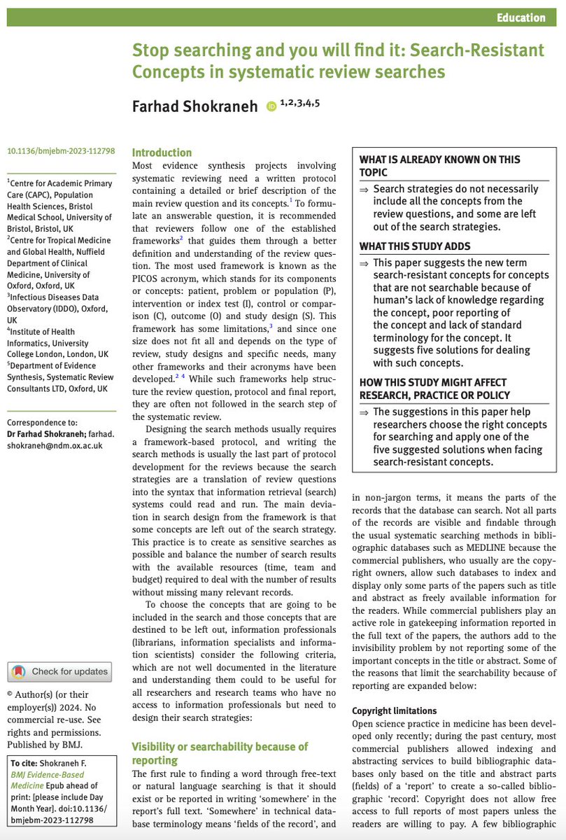 BMJ Evidence-Based Medicine (@bmj_ebm) on Twitter photo Stop searching and you will find it: Search-Resistant Concepts in systematic review searches
Education by <a href="/FarhadShokrane/">Farhad Shokraneh</a> <a href="/EvidenceReviews/">Systematic Review Consultants LTD</a>
Link: bit.ly/3ZIPmTW Stop searching and you will find it: Search-Resistant Concepts in systematic review searches
Education by <a href="/FarhadShokrane/">Farhad Shokraneh</a> <a href="/EvidenceReviews/">Systematic Review Consultants LTD</a>
Link: bit.ly/3ZIPmTW
