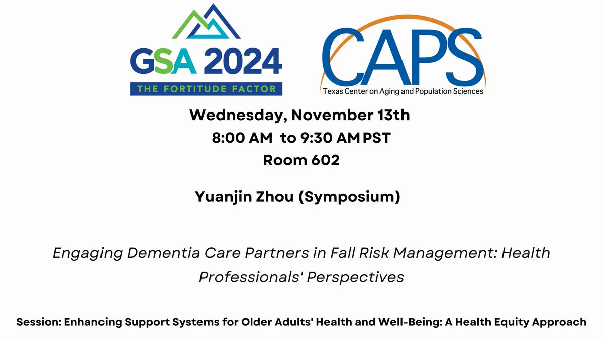 The Center for Aging and Population Sciences (@utxcaps) on Twitter photo ⭐️#GSA2024
CAPS faculty affiliate, Yuanjin Zhou <a href="/elevenchou11/">Yuanjin Zhou</a>
"Enhancing Support Systems for Older Adults' Health and Well-Being: A Health Equity Approach"
Wed, Nov 13th
8 AM to 9:30 AM PST
Room 602
cdmcd.co/qdBjXE
<a href="/nia_demography/">Demography and Economics of Aging and Alzheimer’s</a> ⭐️#GSA2024
CAPS faculty affiliate, Yuanjin Zhou <a href="/elevenchou11/">Yuanjin Zhou</a>
"Enhancing Support Systems for Older Adults' Health and Well-Being: A Health Equity Approach"
Wed, Nov 13th
8 AM to 9:30 AM PST
Room 602
cdmcd.co/qdBjXE
<a href="/nia_demography/">Demography and Economics of Aging and Alzheimer’s</a>