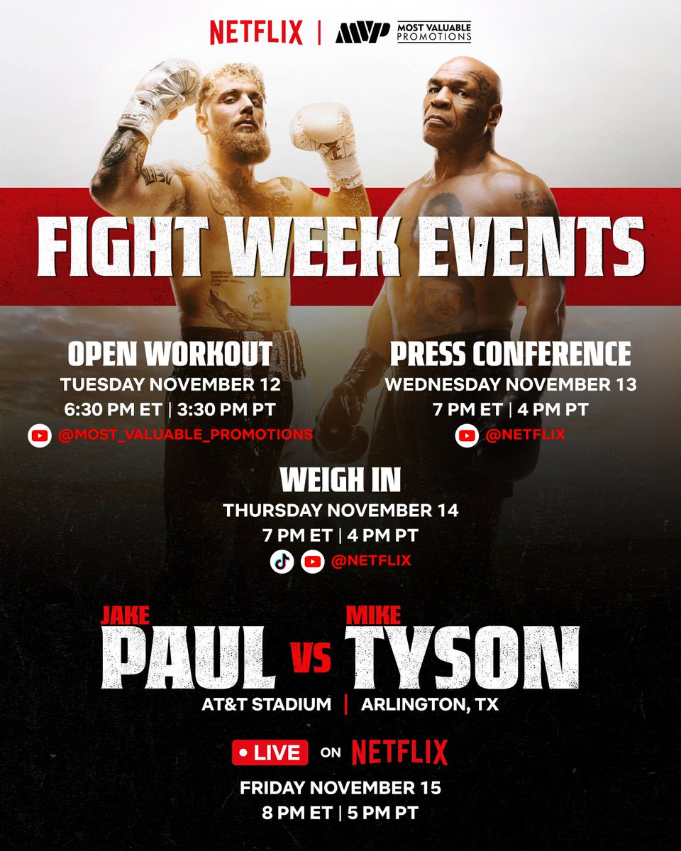 Fight week begins NOW!

Stay tuned in all week as we gear up for JAKE PAUL vs MIKE TYSON. This Friday, November 15 LIVE on Netflix at 8PM ET | 5PM PT. #PaulTyson