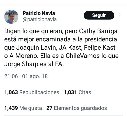 El que guarda siempre tiene…

Como olvidar cuando el “destacado” analista político Patricio Navia proyectaba a Cathy Barriga como la mejor encaminada para ser la carta presidencial de Chile Vamos: