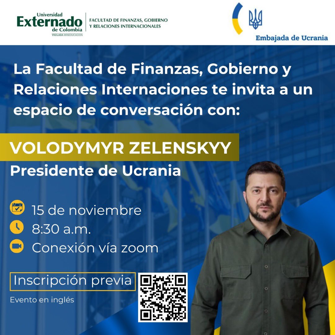 🚨🇺🇦Los y las esperamos este viernes 15 de nov. | 8:30 A.M. Por Zoom, en un evento de <a href="/FIGRIEscuelaRI/">Escuela de Relaciones Internacionales</a> en donde estaremos conversando con el Presidente de Ucrania Volodymyr Zelenskyy.
.
✍🏻Inscripción: forms.office.com/r/LxCSQWKtp3
.
🙌🏻¡No falten!