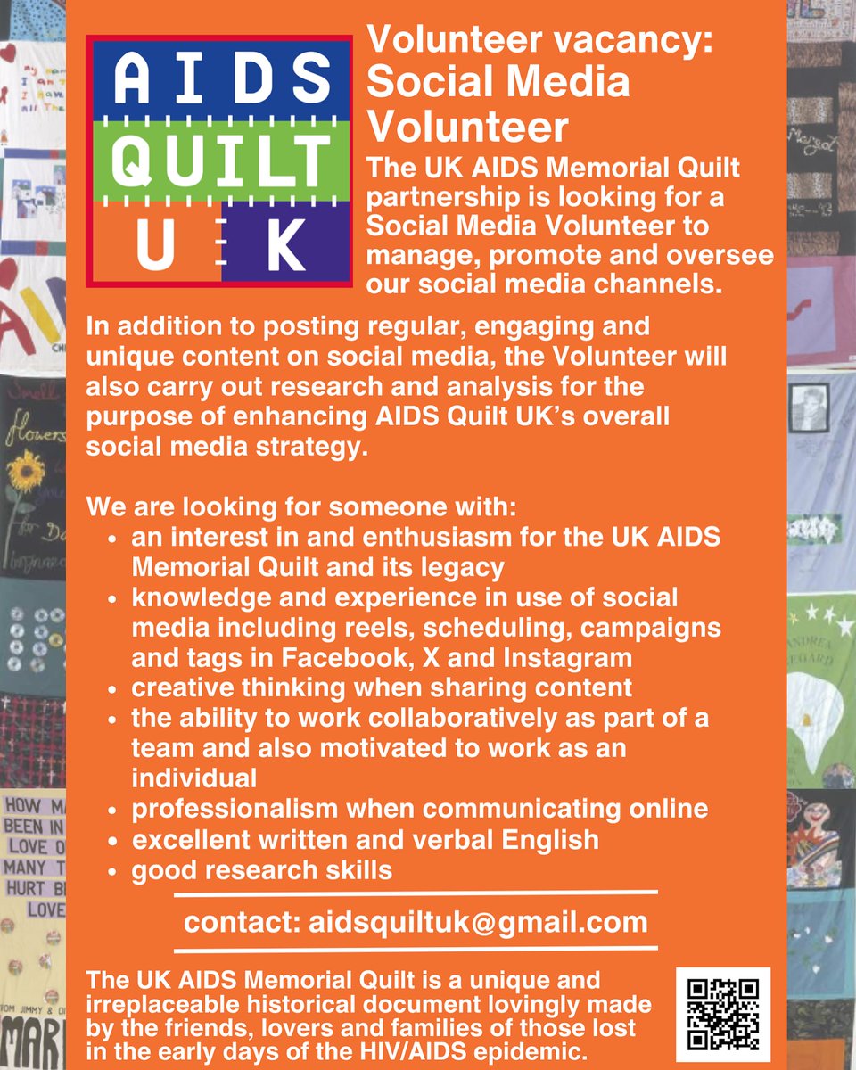 Martyn_Butler's tweet photo. π· Volunteer Needed! π·
A Social Media Volunteer to help manage, promote, and share the legacy of the UK AIDS Memorial Quilt.
π· Interested? Contact: aidsquiltuk@gmail.com
#AIDSMemorialQuilt #VolunteerOpportunity #aidsquiltuk #HIVAwareness #EndStigma https://t.co/eGyFFp2MpY