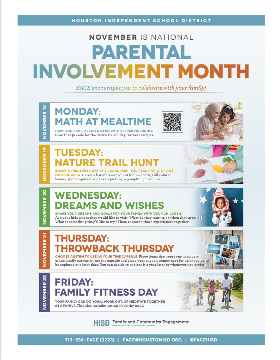 HISDFamilies's tweet photo. Celebrate National Parent Involvement
Month with us! Join us for FACE Day and enjoy this list we’ve put together of fun and meaningful activities for families to enjoy at home! Click here to register: https://t.co/YnApS0wwjy
#HISDFACEday #HISDNPIM https://t.co/YKnMMumHxM