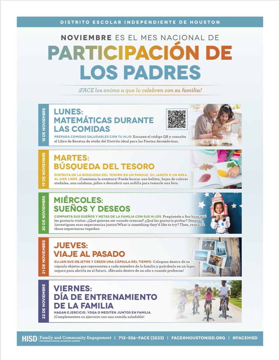 Celebrate National Parent Involvement
Month with us! Join us for FACE Day and enjoy this list we’ve put together of fun and meaningful activities for families to enjoy at home! Click here to register: bit.ly/40J7gX3
#HISDFACEday #HISDNPIM