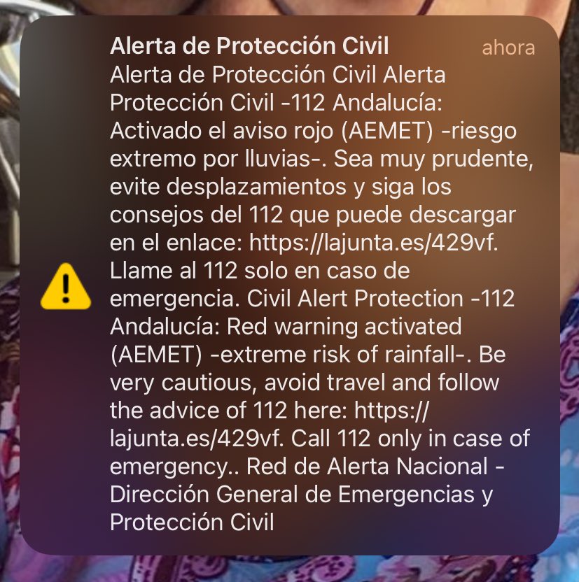 La alerta de Protección Civil acaba de sonar en los teléfonos de Málaga. Por favor, tomad todas las precauciones posibles y cuidad de las personas más desprotegidas. Crucemos los dedos para que no pase nada grave.