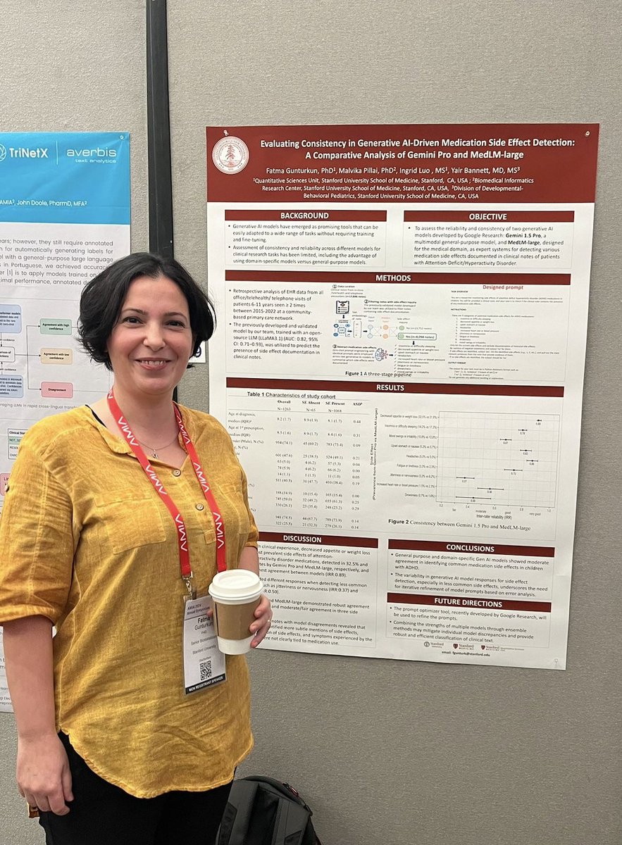 Fatma Gunturkun, QSU's Data Scientist, presented her collaborative work with researchers from <a href="/stanford_qsu/">Stanford Quantitative Sciences Unit</a> @stanfordBMIR @stanfordpeds at <a href="/AMIAinformatics/">AMIA</a>
Symposium in San Francisco held during Nov 9-13, 2024. The study team used LLMs to detect medication side effects in