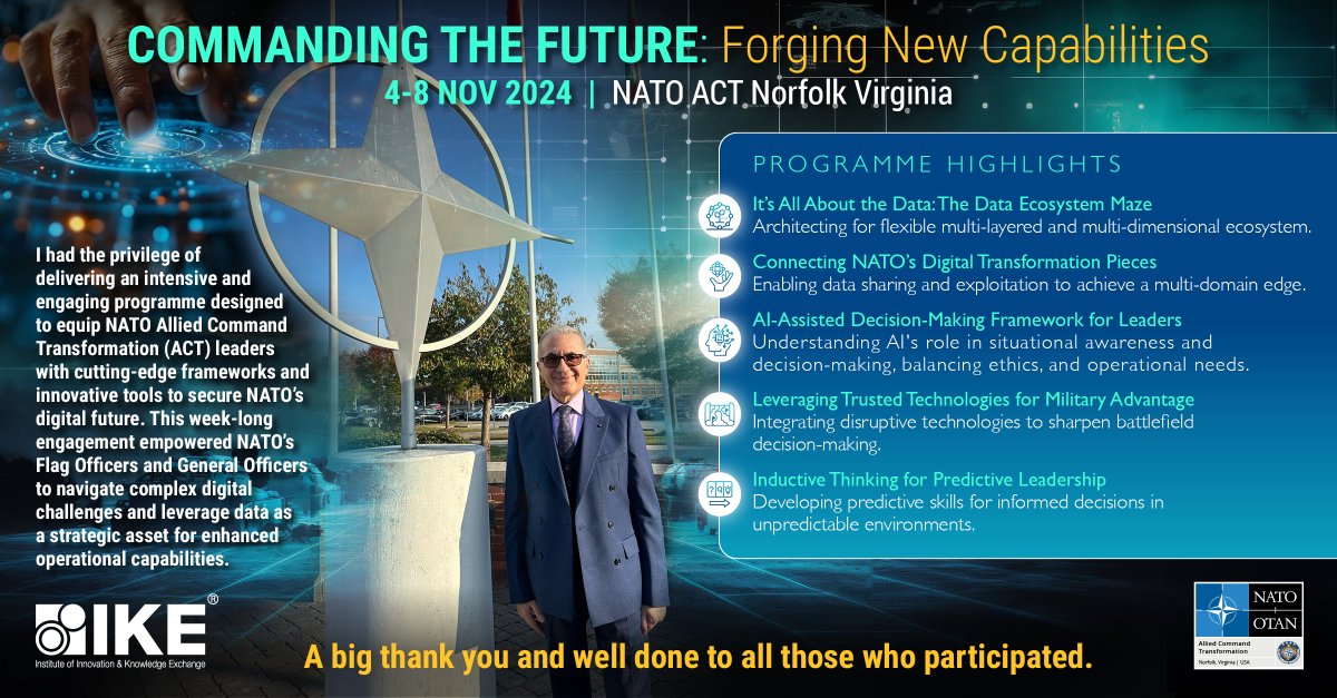 Commanding the Future: Forging New Capabilities 
Just completed a fantastic week on engaging senior #NATO ACT Leaders in developing critical thinking in the role of Human Judgment and balancing #AI-driven insights with complex political and military realities. RT #Innovation