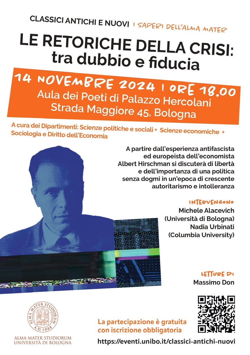massimodon's tweet photo. Giovedì alle 18 nell’aula Poeti di Palazzo Hercolani leggo degli scritti dell’economista #antifascista #AlbertHirschman perché, dato che negli ultimi giorni qui a #Bologna son passati troppi fasci, bisogna spalancare le finestre e cambiare l’aria.

Ingresso gratuito, vi aspetto. https://t.co/KlTbmNzytM