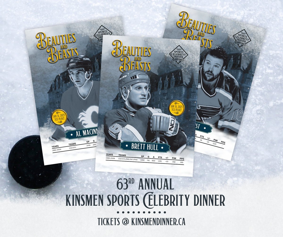 Picture this: Brett Hull, <a href="/AMacInnis2/">Al MacInnis</a>, <a href="/realtonytwist/">tony twist</a>, and more NHL legends—all in one room, sharing untold stories. 🏒
Bring some friends, grab a table, and get ready for a night with hockey’s Beauties and Beasts!
🎟 Tickets at kinsmendinner.ca