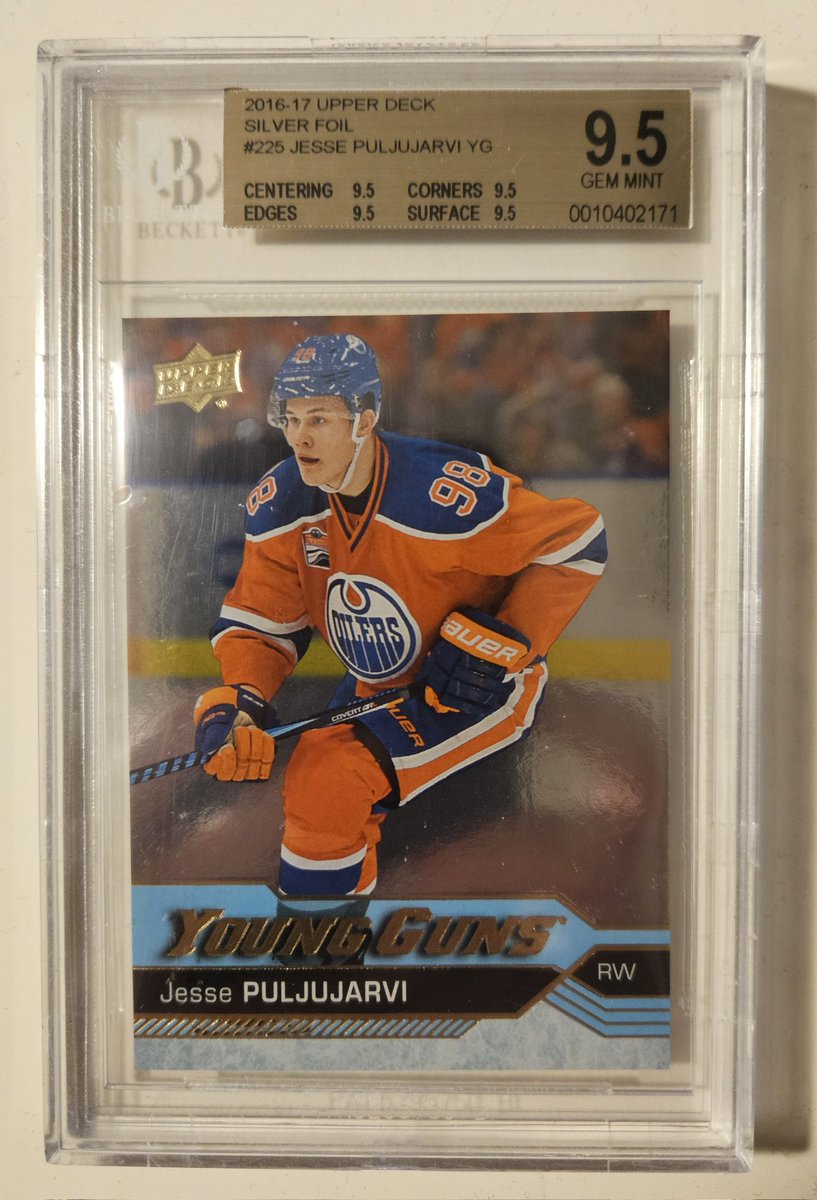toddpruner's tweet image. Another Jesse Puljujarvi Young Guns added to the collection: Silver Foil BGS 9.5 (True Gem), Pop 11, 1 higher (20 total graded by BGS and PSA). #Oilers #Pengiuns #NHL