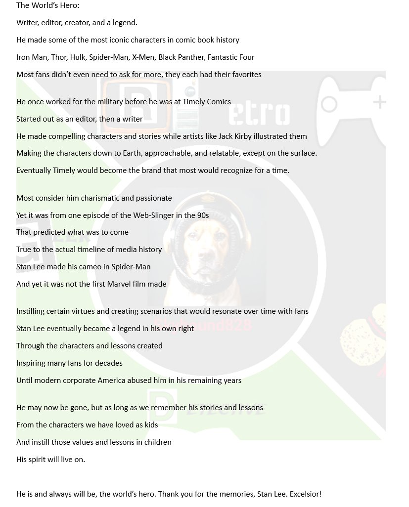 Pierce8893's tweet photo. Decided to write this since I barely remember most of how I originally wrote the tribute poem to the late legend. #RIPStanLee #Excelsior https://t.co/BZXD79rEwq