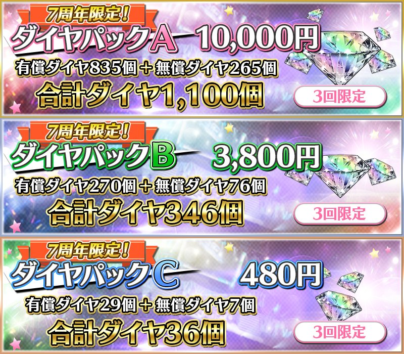 nogifes's tweet image. 🎉7周年ダイヤパック販売開始🎉

『7周年記念ダイヤパック』の販売を開始しました‼️

販売延期により、ユーザーの皆様にはご迷惑をお掛けし大変申し訳ございません。

通常のダイヤパックよりもオマケのダイヤが増量したお得なダイヤパックになっていますので、ぜひご利用ください‼️

#乃木フェス