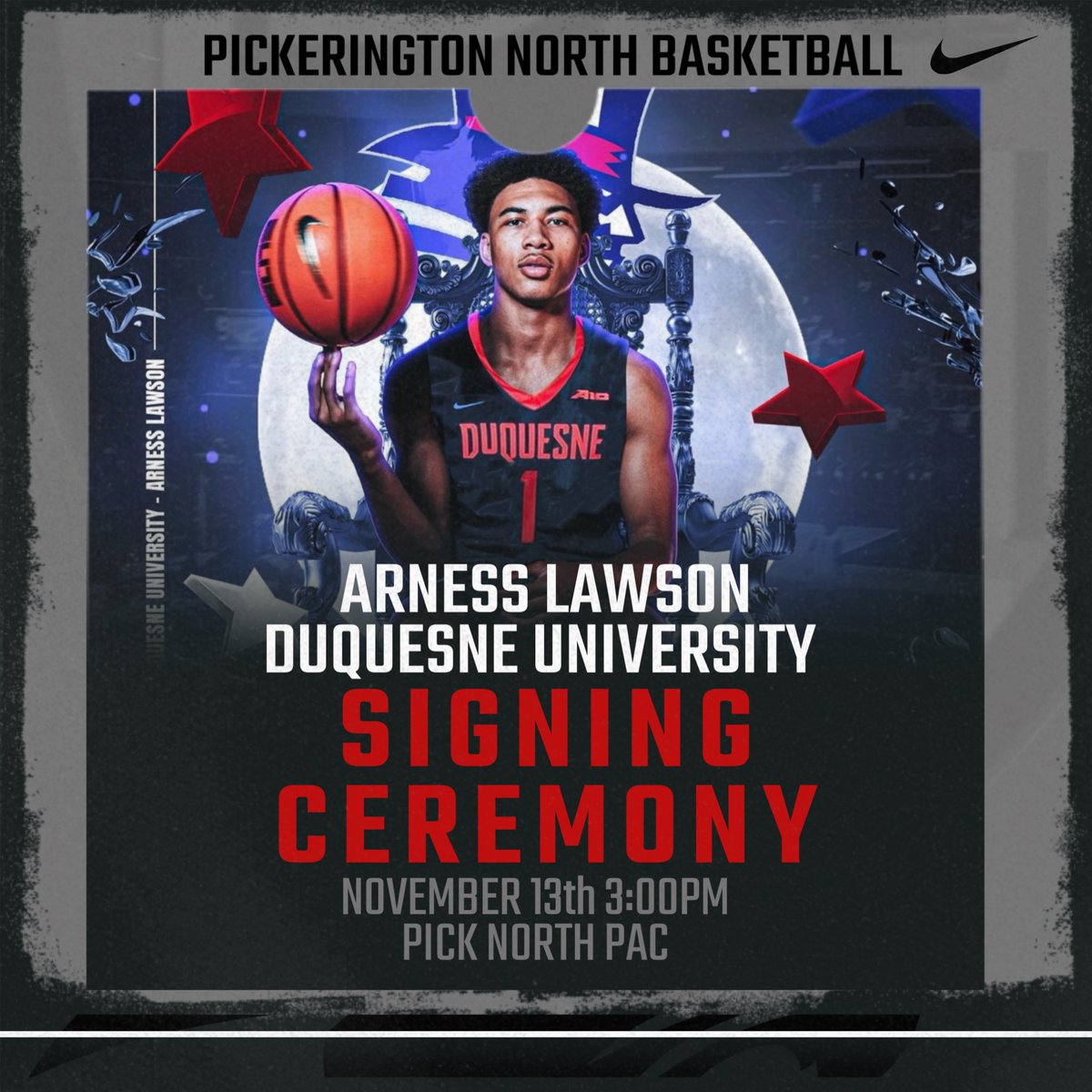Join us on November 13th at 3:00pm in the PAC (Auditorium) at Pick North, as we recognize and celebrate Arness Lawson and his signing to play at Duquesne University!! Congrats to all the athletes being recognized!
<a href="/Arness_Lawson/">Arness Lawson</a> @270hoops <a href="/DuqMBB/">Duquesne Basketball</a> <a href="/all_ohio/">ALL OHIO BASKETBALL™️</a> <a href="/PNAthletics/">Pickerington North Athletics</a>