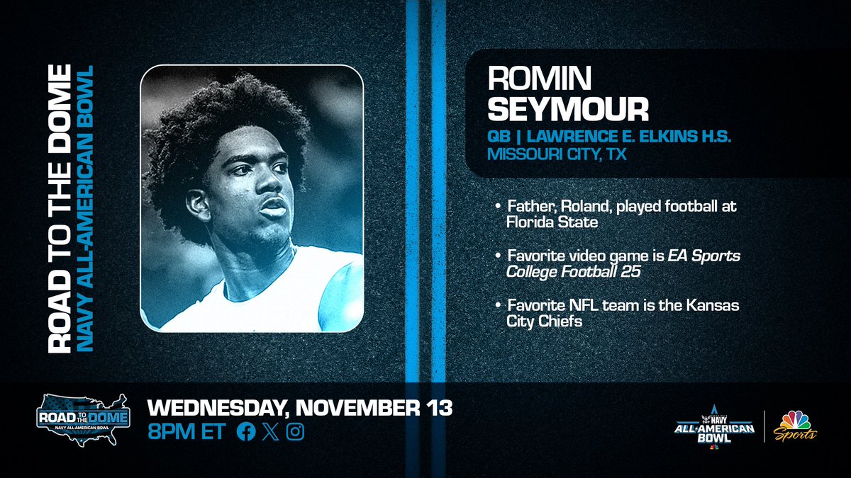 Navy All-American Bowl (@aabonnbc) on Twitter photo Junior quarterback Romin Seymour (<a href="/RominSeymour9/">Romin Seymour</a>) will be honored as a 2025 Navy All-American tomorrow at 8 pm ET.
#NavyAAB ๐บ๐ธ <a href="/AmericasNavy/">America's Navy</a> Junior quarterback Romin Seymour (<a href="/RominSeymour9/">Romin Seymour</a>) will be honored as a 2025 Navy All-American tomorrow at 8 pm ET.
#NavyAAB ๐บ๐ธ <a href="/AmericasNavy/">America's Navy</a>
