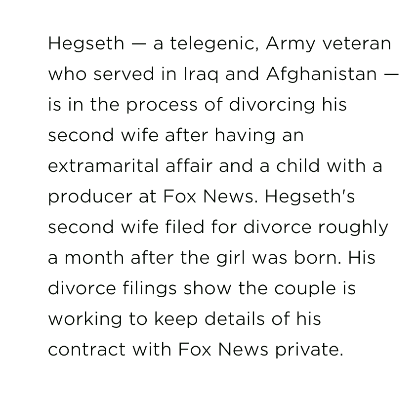 It's just a fact that if a Dem president nominated a guy with this background to be Sec Def it would be a major scandal and controversy. But because GOP immorality is completely normalized at this point I would be shocked if it makes any difference. (The article is from 2018.)