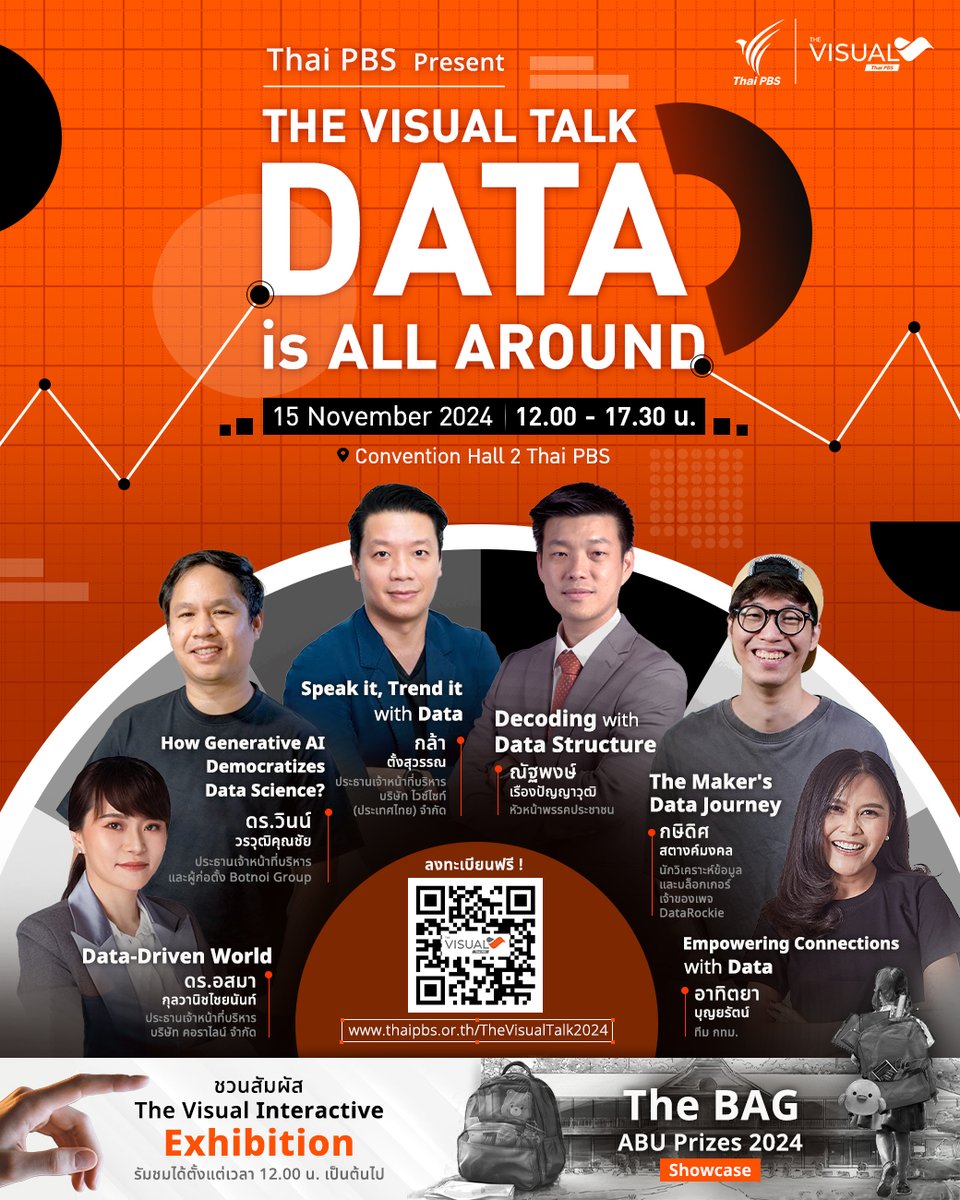 ThaiPBSSciTech's tweet photo. 📊 เมื่อโลกกำลังถูกขับเคลื่อนด้วย #DATA และมีบทบาทสำคัญในการเปลี่ยนแปลงสิ่งต่าง ๆ รอบตัวเรา
#TheVisualByThaiPBS ชวนคุณมาเจาะลึกและใช้ประโยชน์จาก DATA ให้เป็น กับ 6 Speaker 6 Sessions ในงาน #TheVisualTalk #DATAisAllAround 🌍
• Session 1 : Speak it, Trend it with Data: พลังของ “คีย์เวิร์ด” กำหนดทิศทางสังคม โดย กล้า ตั้งสุวรรณ ประธานเจ้าหน้าที่บริหาร บริษัท ไวซ์ไซท์ (ประเทศไทย) จำกัด
• Session 2 : How Generative AI Democratizes Data Science ?: ยุค Gen AI..เมื่อใคร ๆ ก็ทำ Analytics ได้ โดย ดร.วินน์ วรวุฒิคุณชัย ประธานเจ้าหน้าที่บริหารและผู้ก่อตั้ง Botnoi Group
• Session 3 : Data-Driven World: เมื่อโลกขับเคลื่อนด้วย “ข้อมูล” โดย ดร.อสมา กุลวานิชไชยนันท์ ประธานเจ้าหน้าที่บริหาร บริษัท คอราไลน์ จำกัด
• Session 4 : Empowering Connections with Data: สื่อสารข้อมูลผ่าน Visual เพื่อกลุ่มคนหลากหลาย โดย อาทิตยา บุญยรัตน์ ทีม กทม.
• Session 5 : Decoding with Data Structure: โจทย์ท้าทาย เชื่อมโยง “ข้อมูล” สู่การใช้จริง โดย ณัฐพงษ์ เรืองปัญญาวุฒิ หัวหน้าพรรคประชาชน
• Session 6 : The Maker’s Data Journey: เบื้องหลังออกแบบ “ข้อมูล” ให้ตรงจุด โดย กษิดิศ สตางค์มงคล นักวิเคราะห์ข้อมูล และบล็อกเกอร์ เจ้าของเพจ DataRockie
นอกจากนี้ ชวนมาสัมผัส #TheVisual Interactive Exhibition ที่เปิดพื้นที่ให้คุณได้มีส่วนร่วม ผ่าน 5 เรื่องเด่น
• The Bag (สัม) ภาระหนัก บนบ่าเด็ก ที่คว้ารางวัล ABU Prizes 2024
• Throne of Thorns ศึกชิงบัลลังก์ราชาหนาม ปอกเรื่องราวใต้เปลือกทุเรียนไทย
• "เธอ" ไม่เปลี่ยนแปลง "ร้อน" นี้...จึงเปลี่ยนไป
• "นกเงือก" นักปลูกป่า ผู้คลั่งรัก
• วัยเด็ก วันเด็ก กับ "ความหวัง" ที่ผู้ใหญ่อยากให้เป็น
🗓️ วันศุกร์ 15 พฤศจิกายน 2567
⏰ เวลา 12.00 – 17.30 น.
📍 ณ คอนเวนชันฮอลล์ ชั้น 2 อาคาร D ไทยพีบีเอส
💻 ลงทะเบียนร่วมงาน ฟรี ! ทาง https://t.co/Hb1GF0O5oD
#DataJournalism #DataViz
#ThaiPBSDigitalMedia #ThaiPBS #ThaiPBSSciAndTech