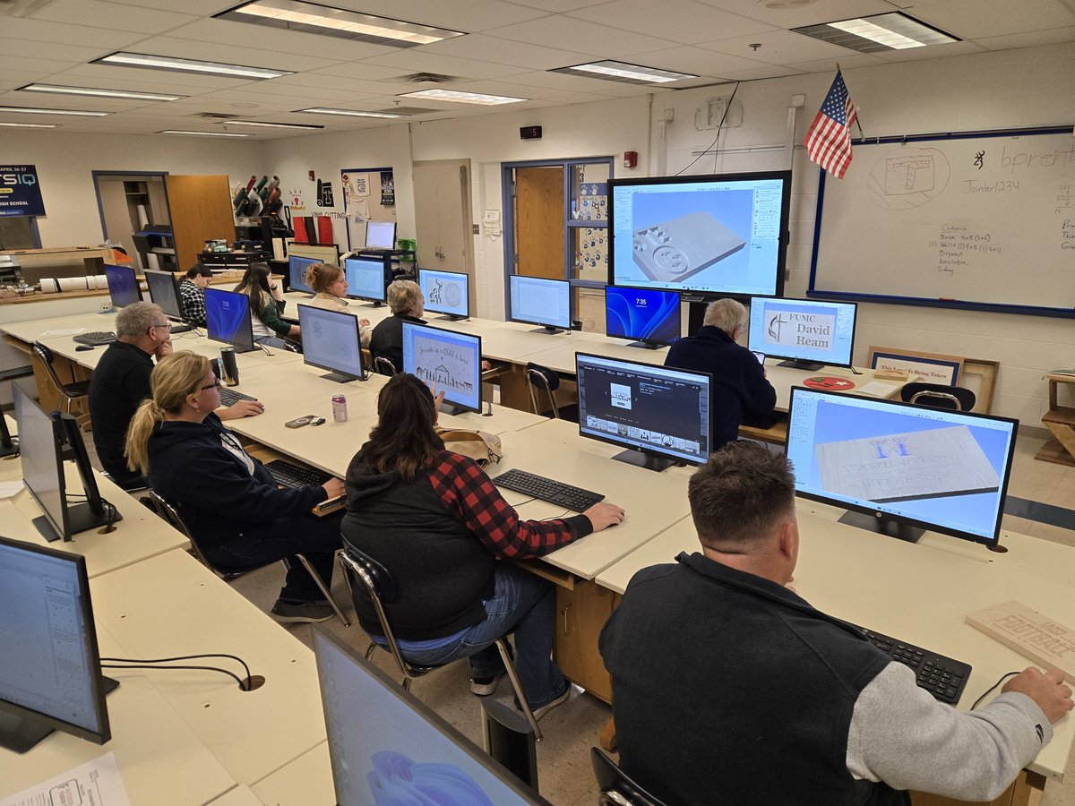 Prentice_Fablab's tweet image. Another evening course finished at Trinity High School! This week adults finished up their &quot;lasercut decorative sign&quot; projects, along with designing V-carved wood patterns on our CNC.
#CTETHSAdultClasses #FabLab #lasercutting #makered @TRINITY_MLUCAS