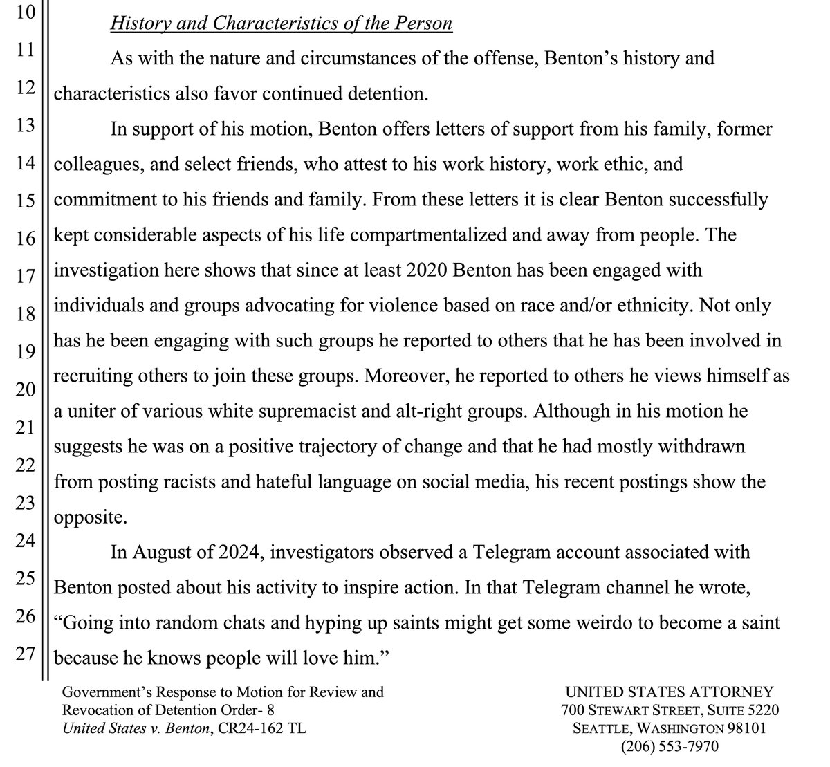 SCResearchClub's tweet photo. Court documents also mentioned comments Kyle Benton made in a Telegram chat run by Terrorgram leader Matthew Allison.

Benton encouraged others to commit acts of racially motivated murder (while Dallas Humber encouraged his encouragement). https://t.co/o42ExEKA4k