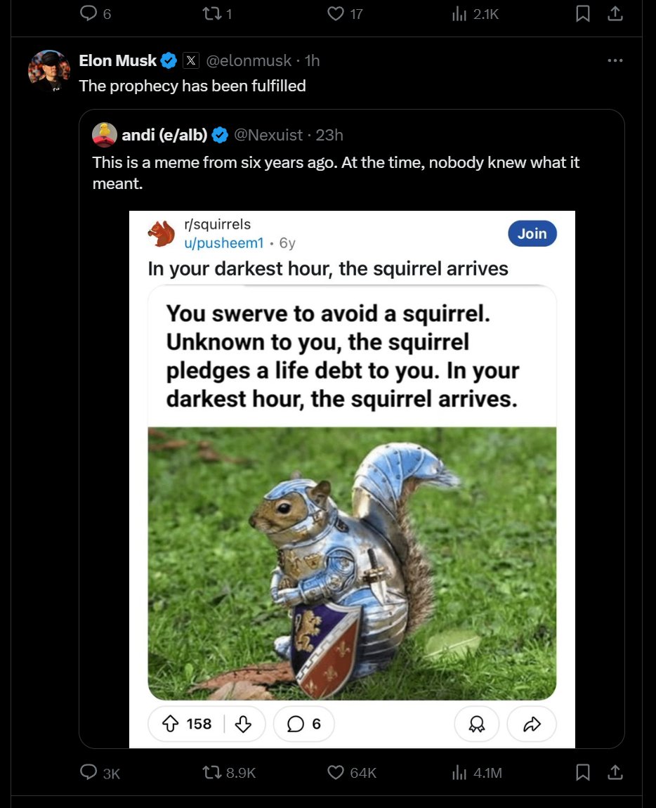 gXOnbAQkrsKQNzk's tweet image. 这是一只预言松鼠，在6年前预言了松鼠的到来，在最黑暗的时刻；
他也是一只钢铁松鼠，顽强的战斗松鼠；
他还是一只获得Elon评论的松鼠，预言已经实现；
CA  3rf9VXujkifxQLmdPVQ3hPJaZgW9hZugKVcGVhyppump