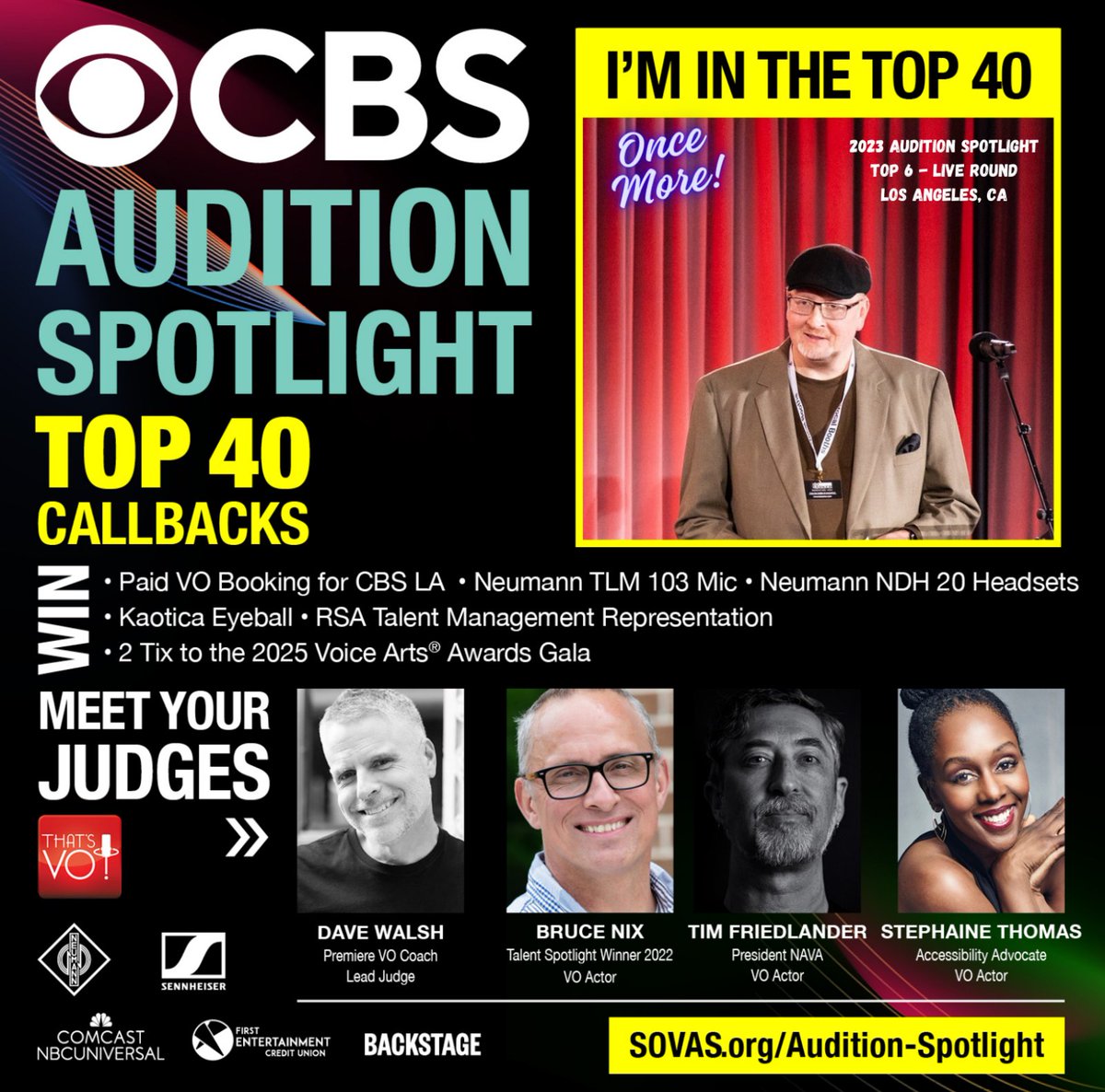 BoBarkerVO's tweet photo. From approx. 1800 submissions, I've (again) been named as 1 of TOP 40 for @CBSNews LA / @kcalnews Audition Spotlight™ competition @ 2024 @SovasVoice @ThatsVoiceover ™ Expo coming up in Los Angeles, CA, Dec. 5-7th.
#joanbaker #RudyGaskins #sovas #auditionspotlight #cbs2LA https://t.co/y18udhI9YF